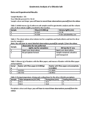 Lab 3 Gravimetric Analysis of a Chloride salt prelab - Gravimetric ...