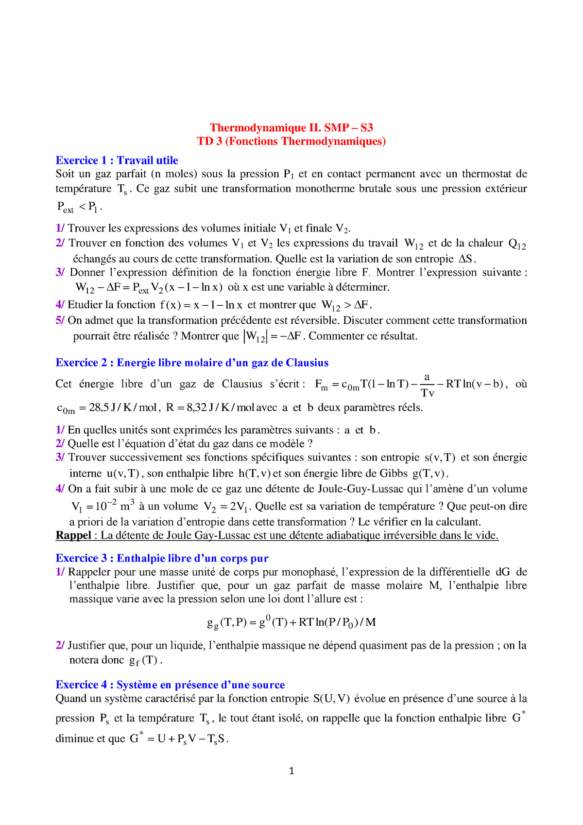 Exercices Corrigés Sur Les Fonctions Thermodynamiques - Université Cadi ...