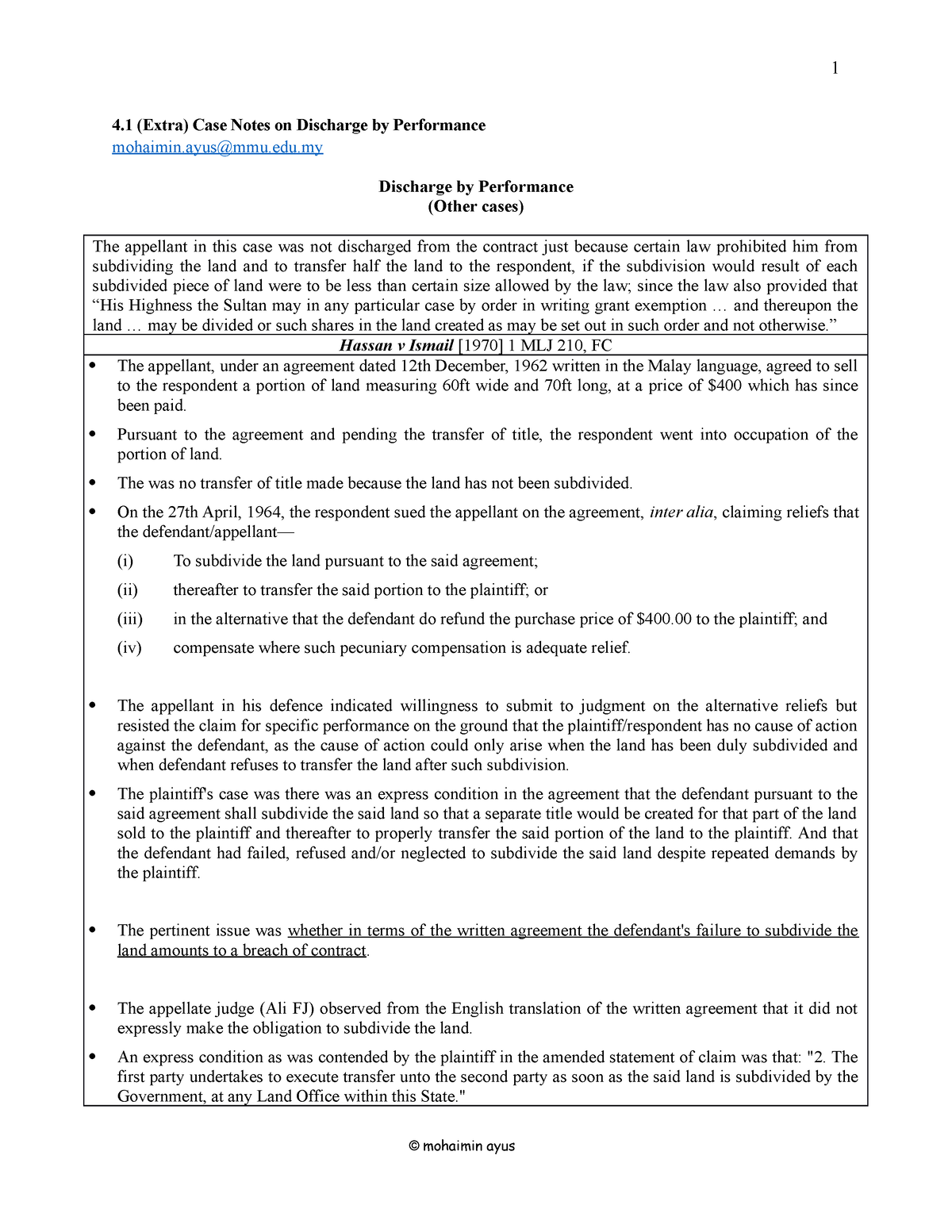 4.1 (Extra)(A) Case Notes on Discharge by Performance - 4 (Extra) Case ...