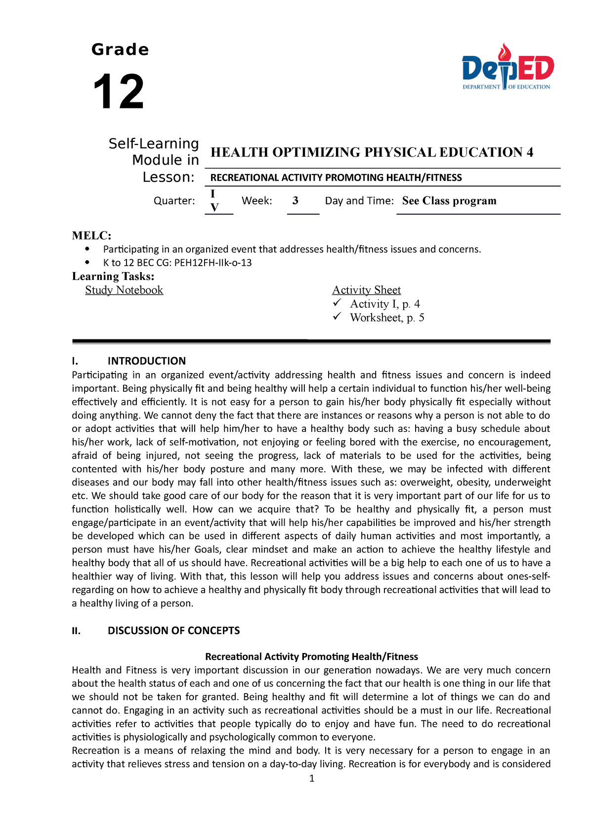 PE4 Week-3 Quarter-IV - Week 3 4th Quarter - Self-Learning Module In ...