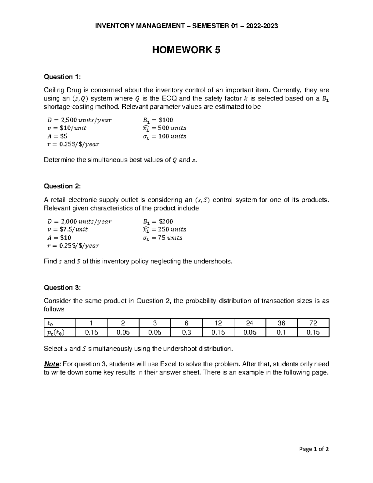 Inven-HW5 - Homwork 5 - INVENTORY MANAGEMENT – SEMESTER 01 – 2022- Page ...