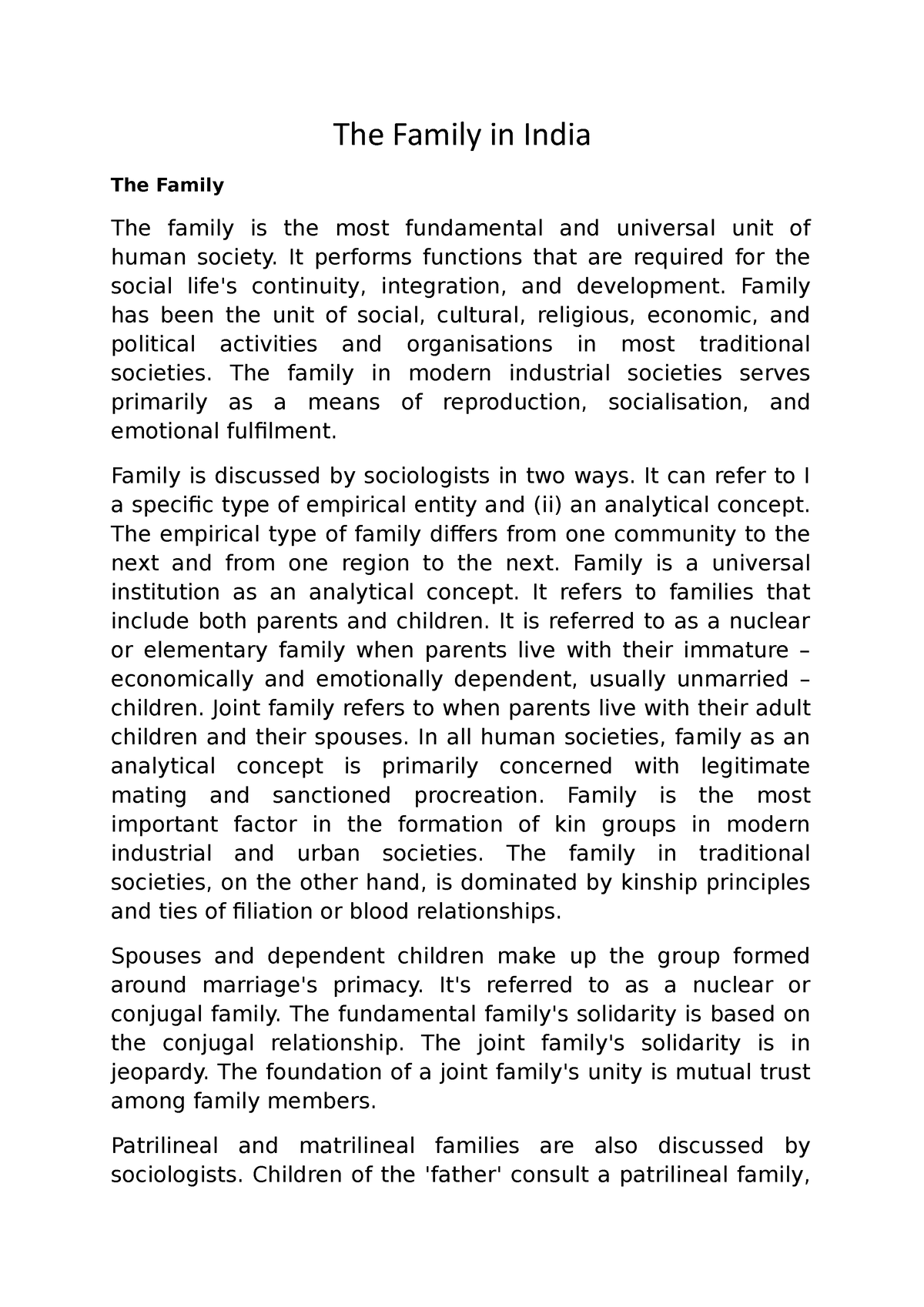 essay on family structure in india