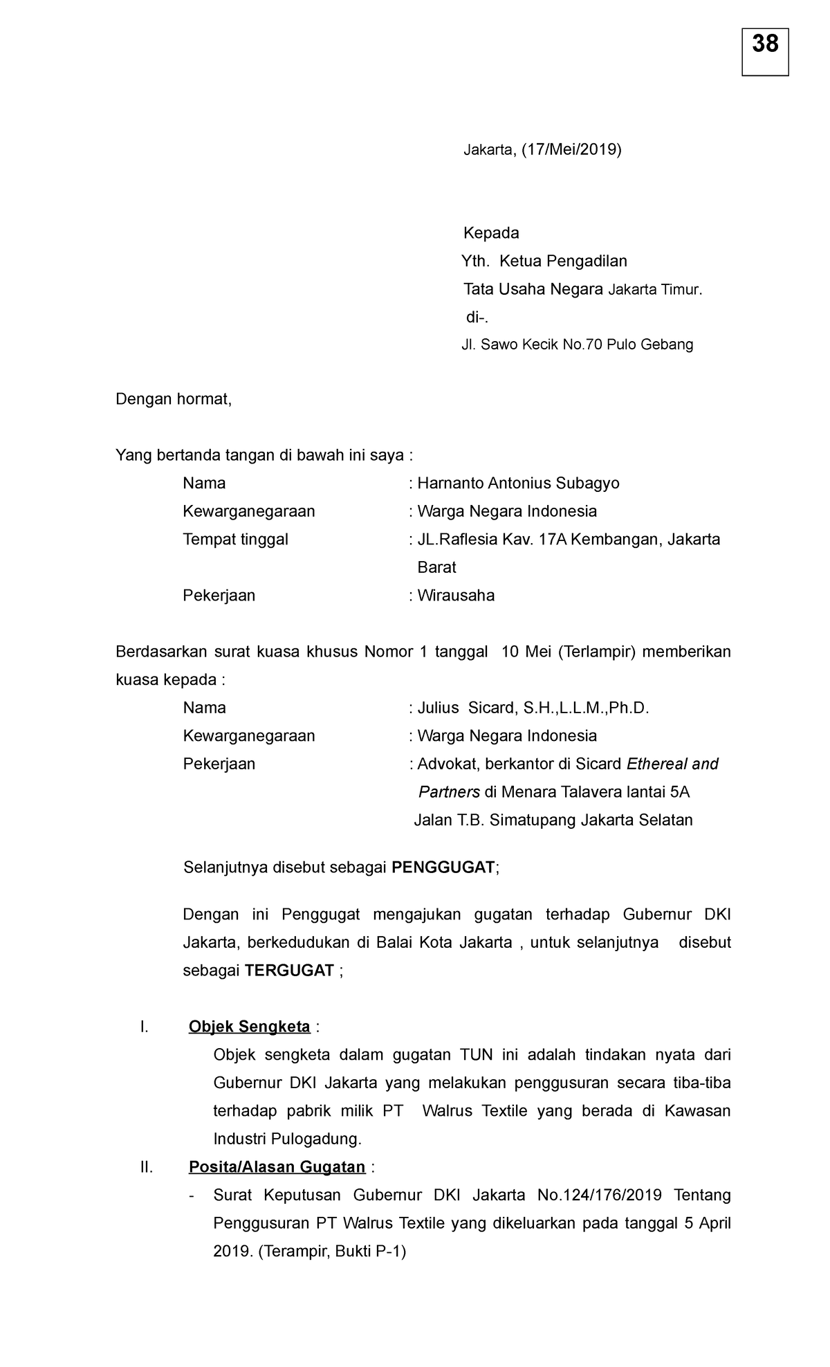 Surat Gugatan PTUN T2 Damsky - Jakarta, (17/Mei/2019) Kepada Yth. Ketua ...