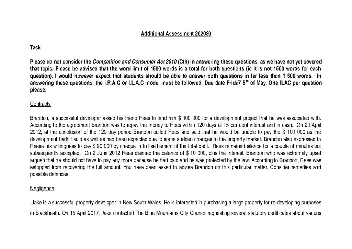 Additional Assessment 202030 - Additional Assessment 202030 Task Please ...
