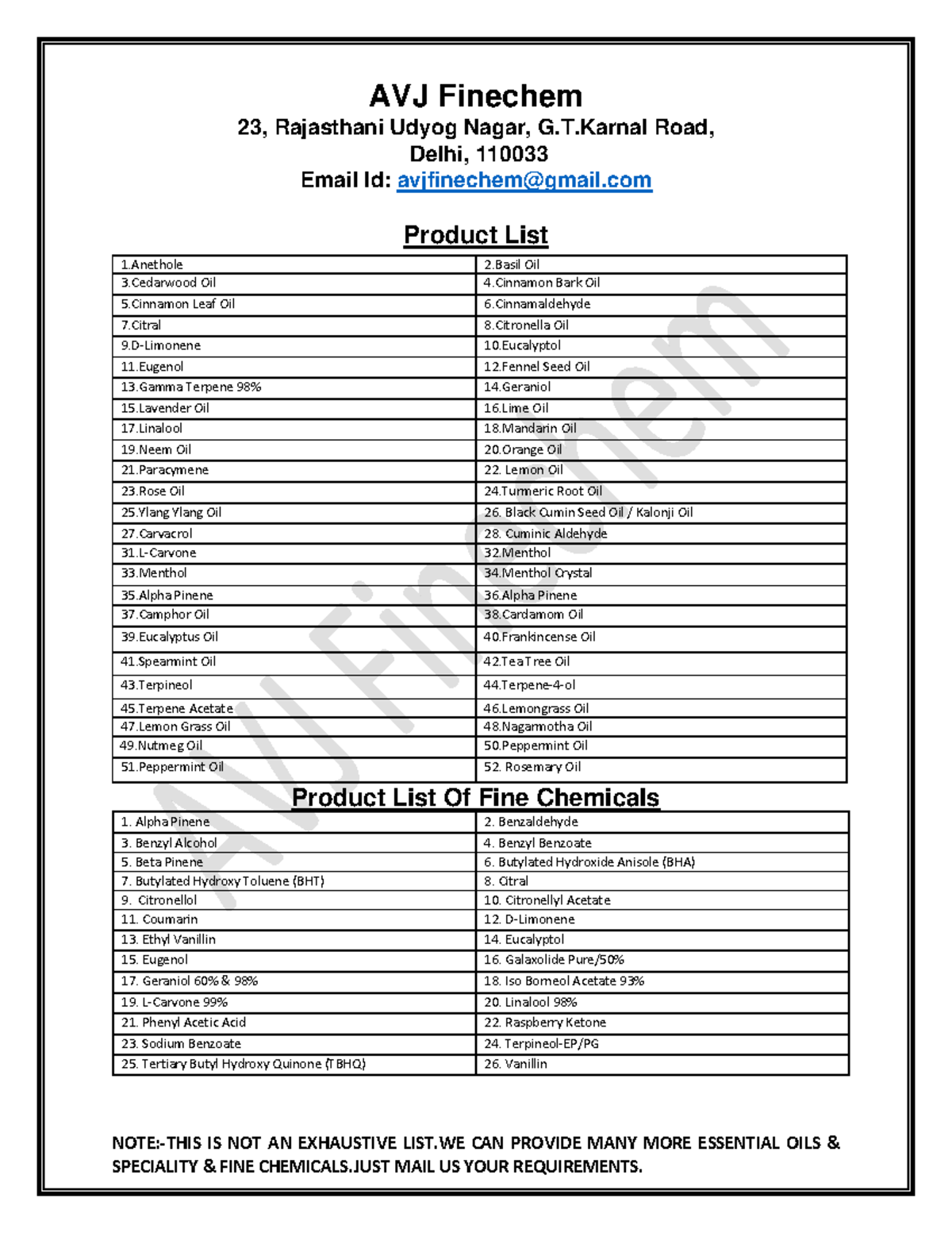 New AVJ product list NOTETHIS IS NOT AN EXHAUSTIVE LIST CAN PROVIDE MANY MORE ESSENTIAL OILS