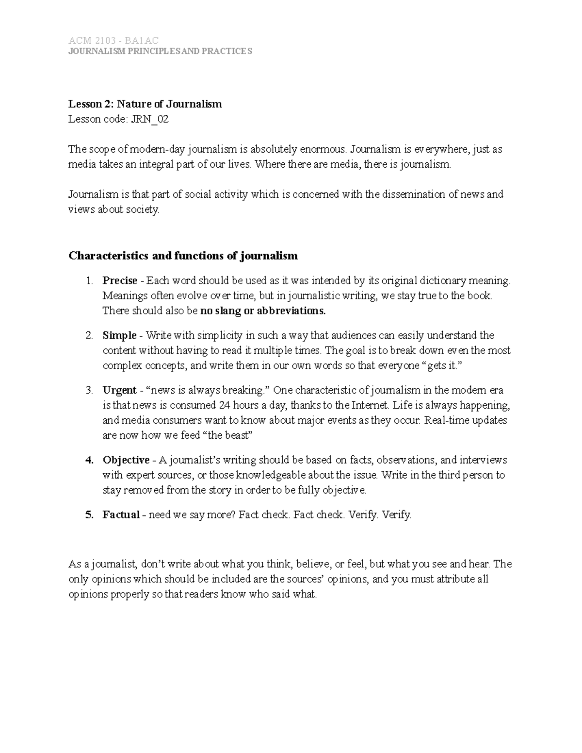 ACM 2103 II Nature Of Journalism Lesson 2 Nature Of Journalism