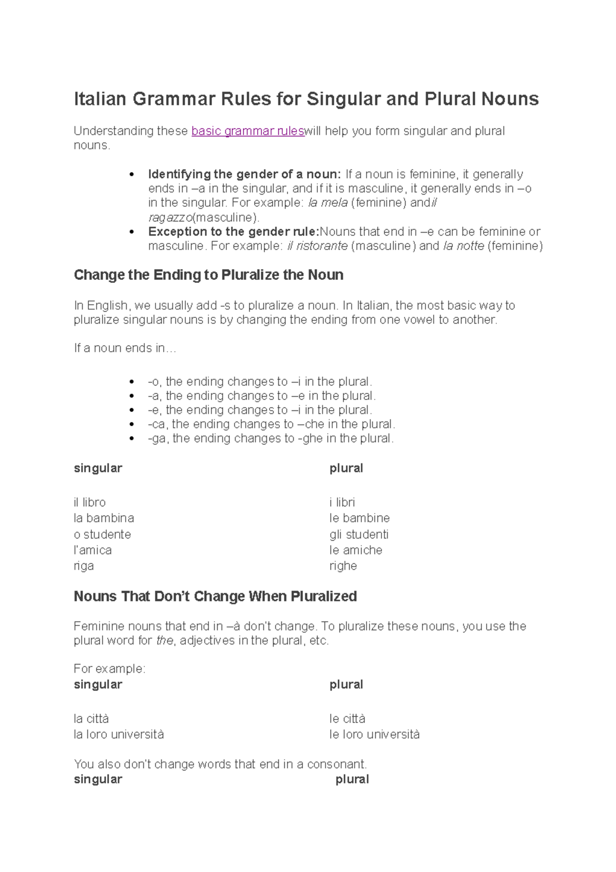 Italian Grammar plurals - Italian Grammar Rules for Singular and Plural ...