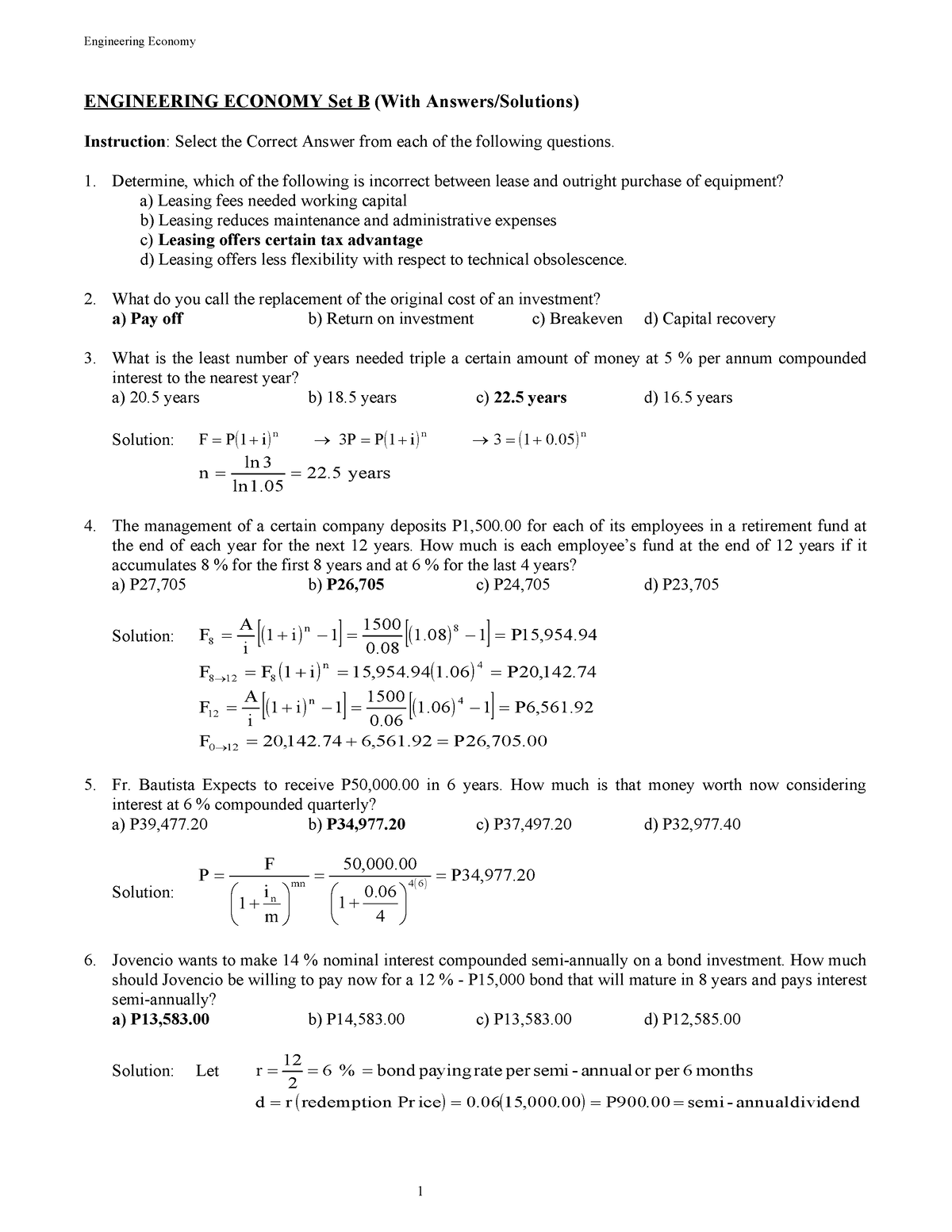 Engineering Economy 2 - ####### ENGINEERING ECONOMY Set B (With Answers ...