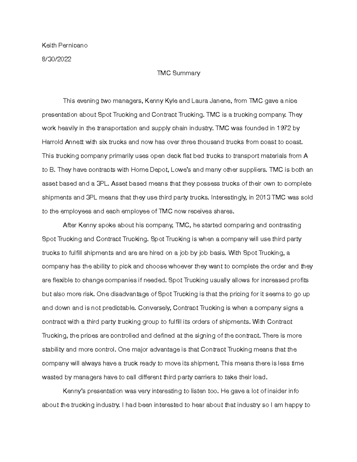 TMC Summary - Keith Pernicano 8/30/ TMC Summary This evening two ...