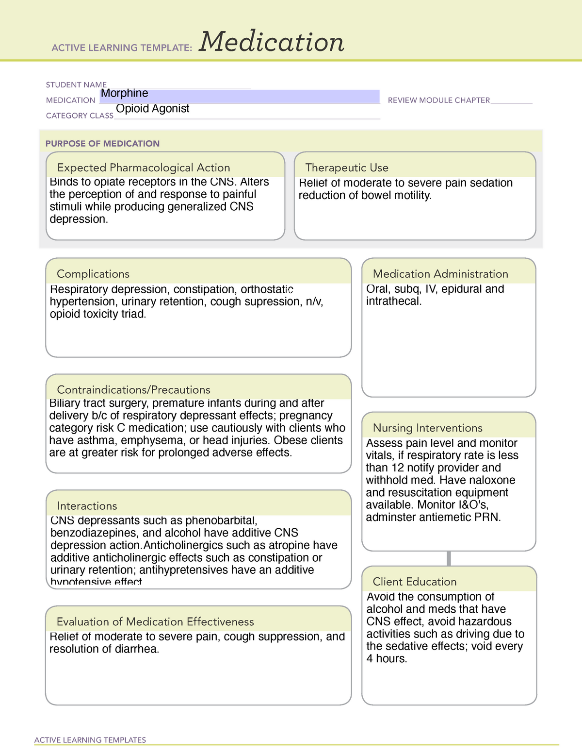 Morphine med ATI template medications. ACTIVE LEARNING TEMPLATES