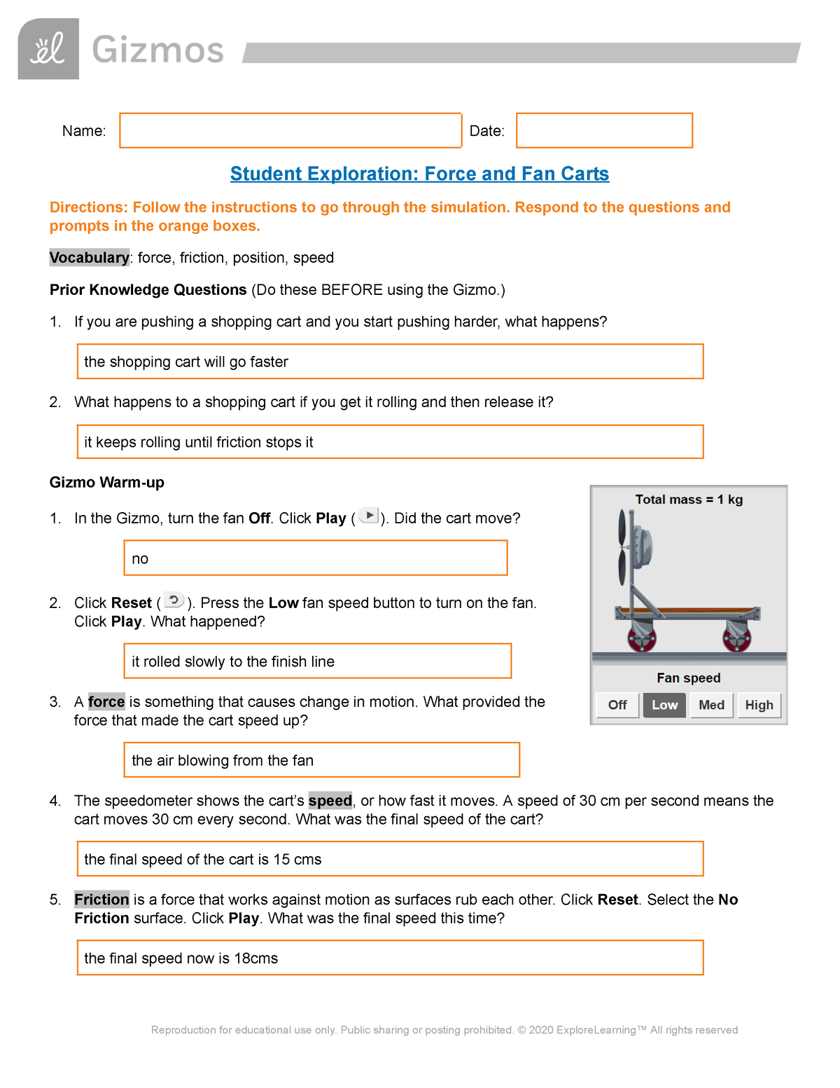 Student Exploration: Force and Fan Carts, PDF, Force