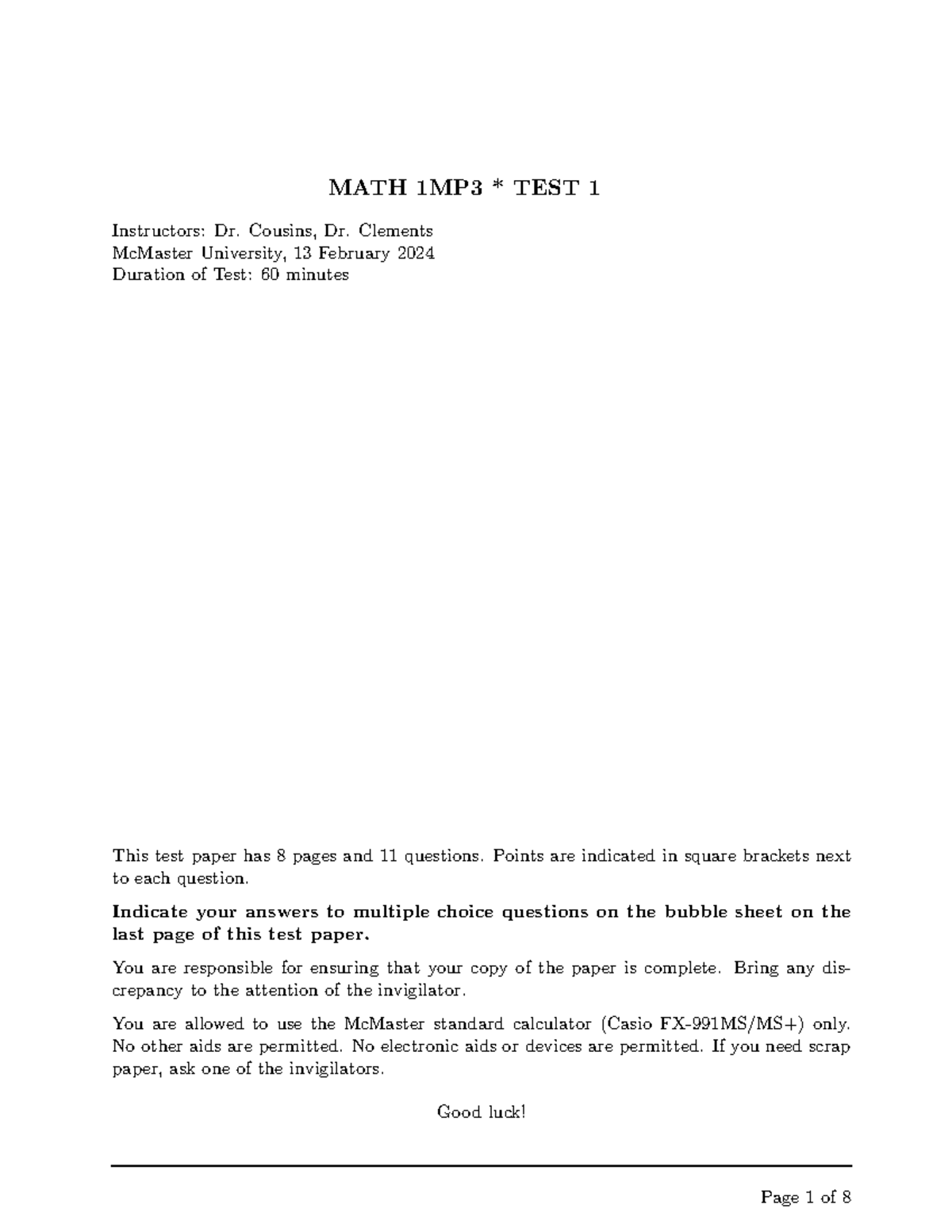 Practice Test 1 Math1MP3 MATH 1MP3 * TEST 1 Instructors Dr. Cousins