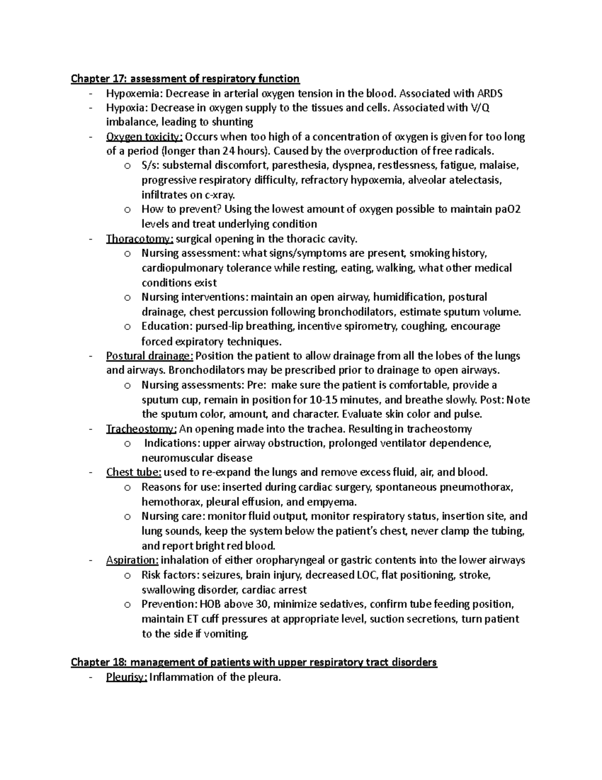 NUR395 Exam 3 Review - Chapter 17: Assessment Of Respiratory Function ...