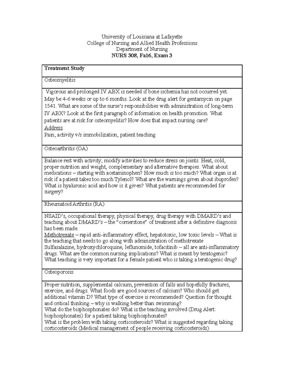Fa16 Treatments Summary for exam 3 University of Louisiana at