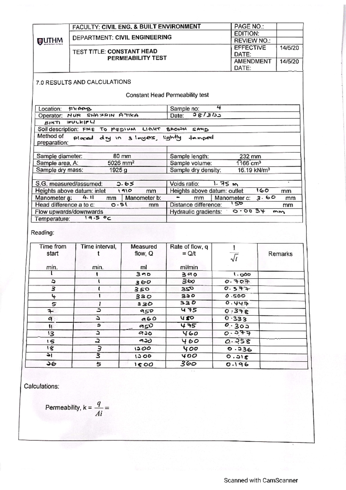 Constant Head Data Calculation - Civil Engineering Laboratory II - Studocu