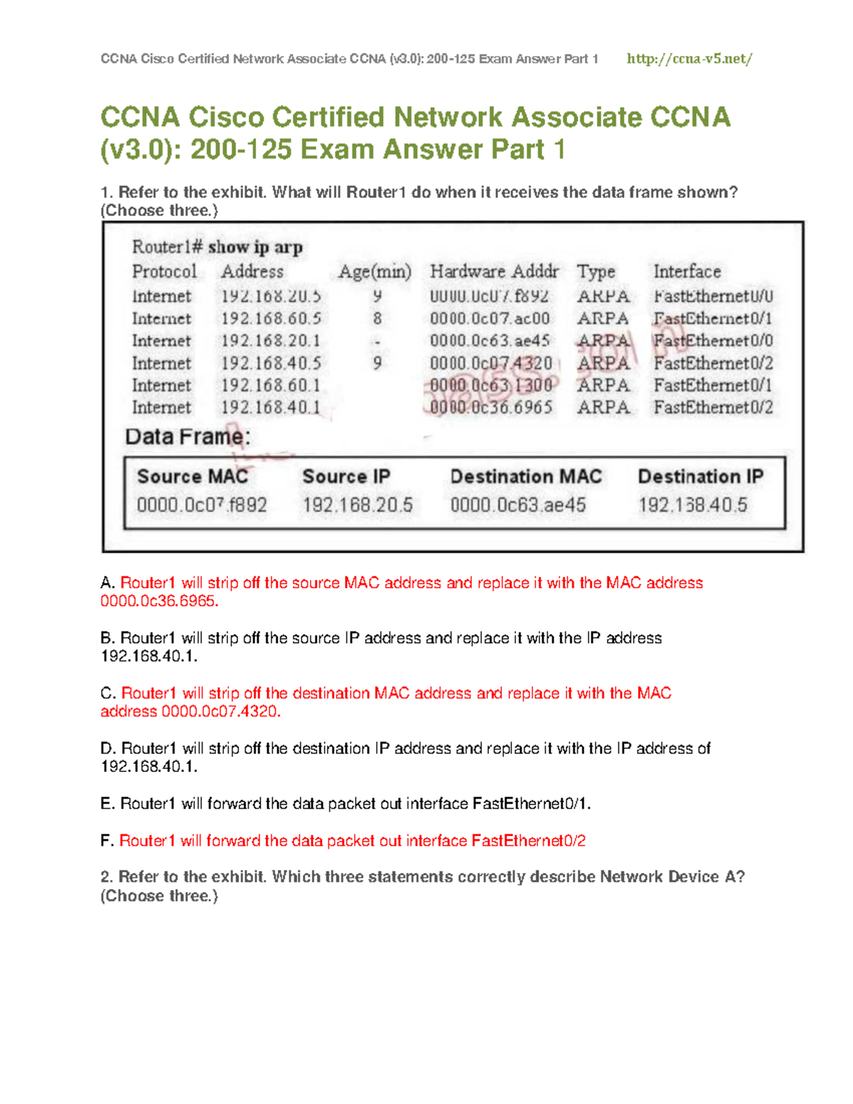 CCNA Cisco Certified Network Associate CCNA (v3.0) 200-125 Exam Answer ...