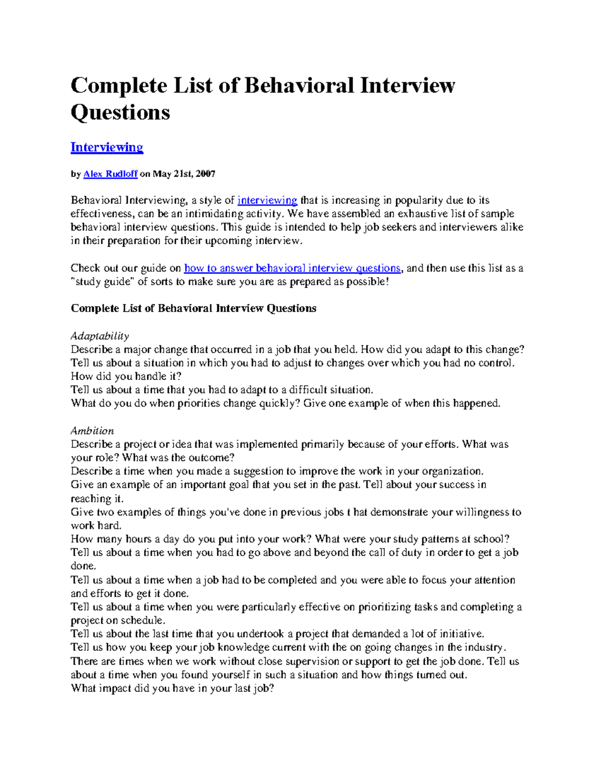 Complete List Of Behavioral Interview Questions And Answers Studocu