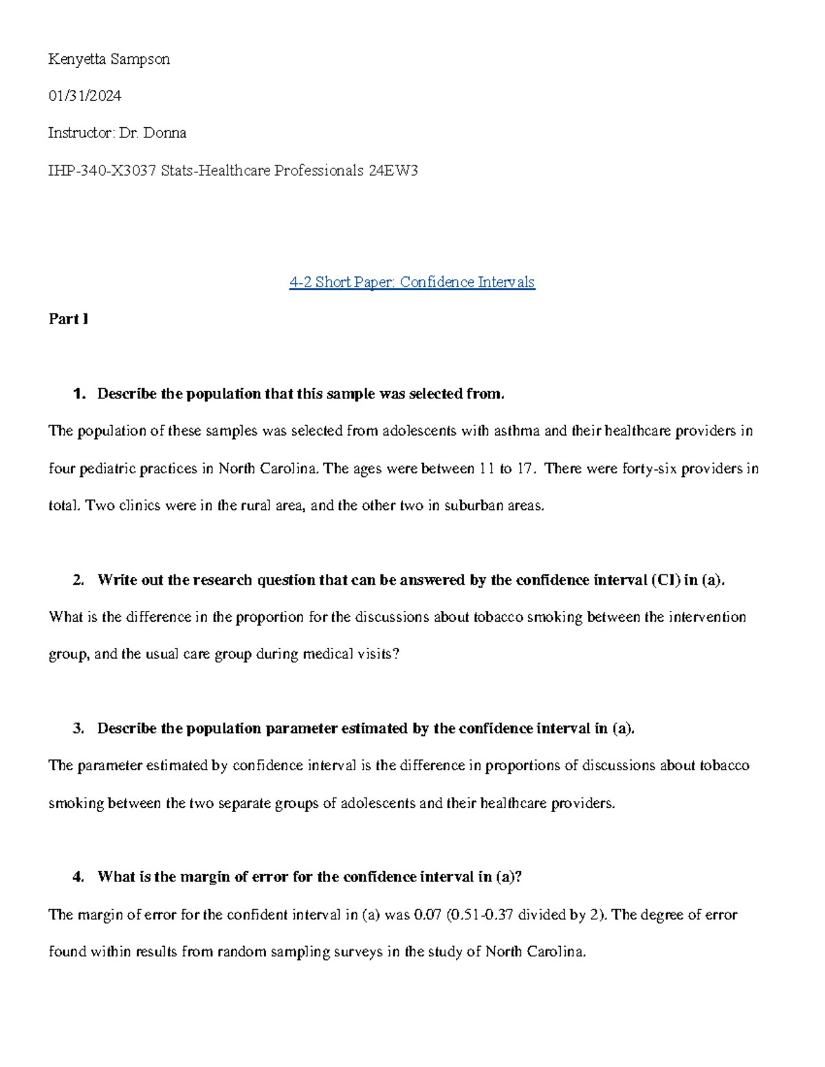 4-2 Short Paper-Confidence Intervals (5) - Kenyetta Sampson 01/31 ...