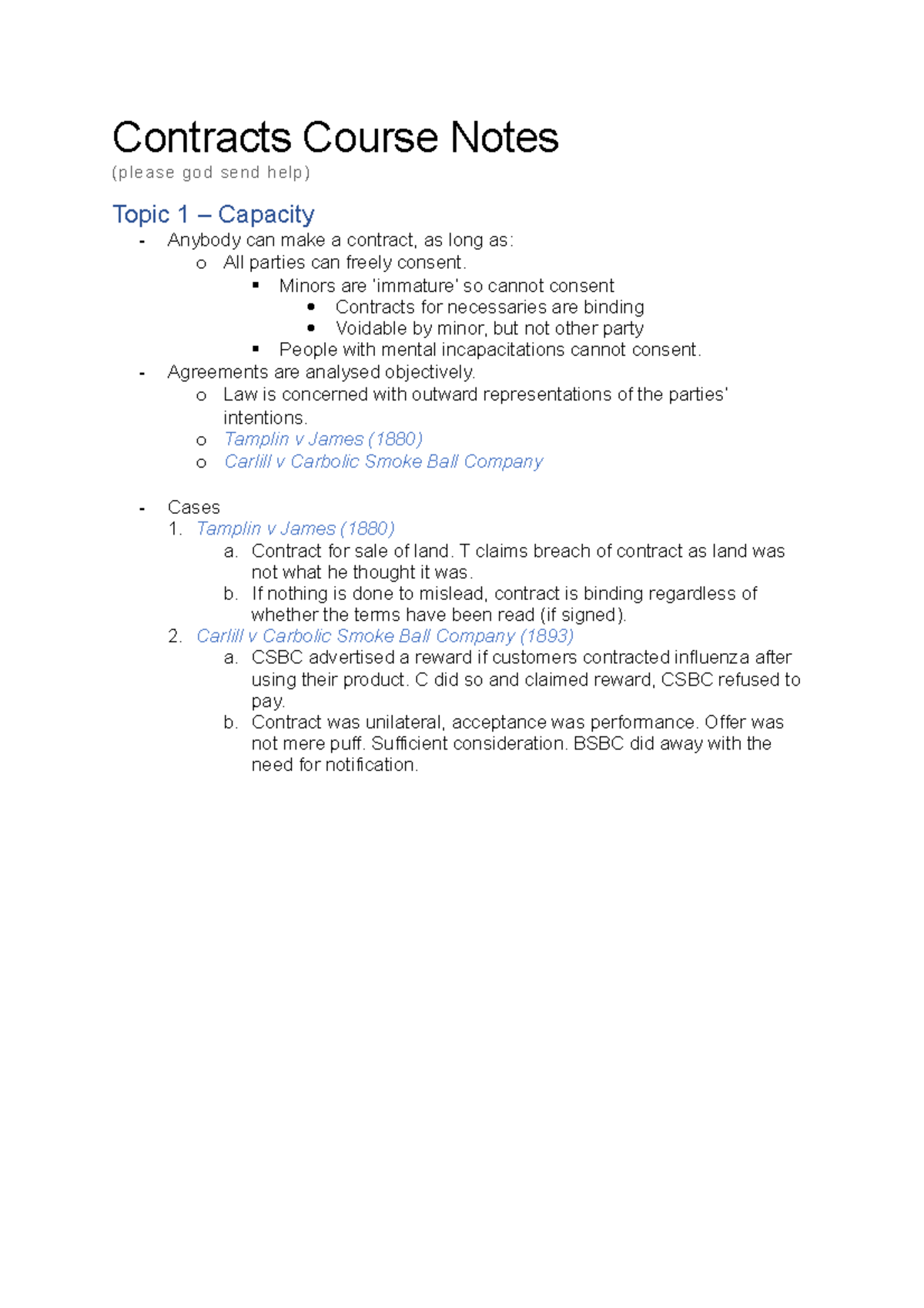 Contracts I Course Notes Semester 1 - Contracts Course Notes (please ...