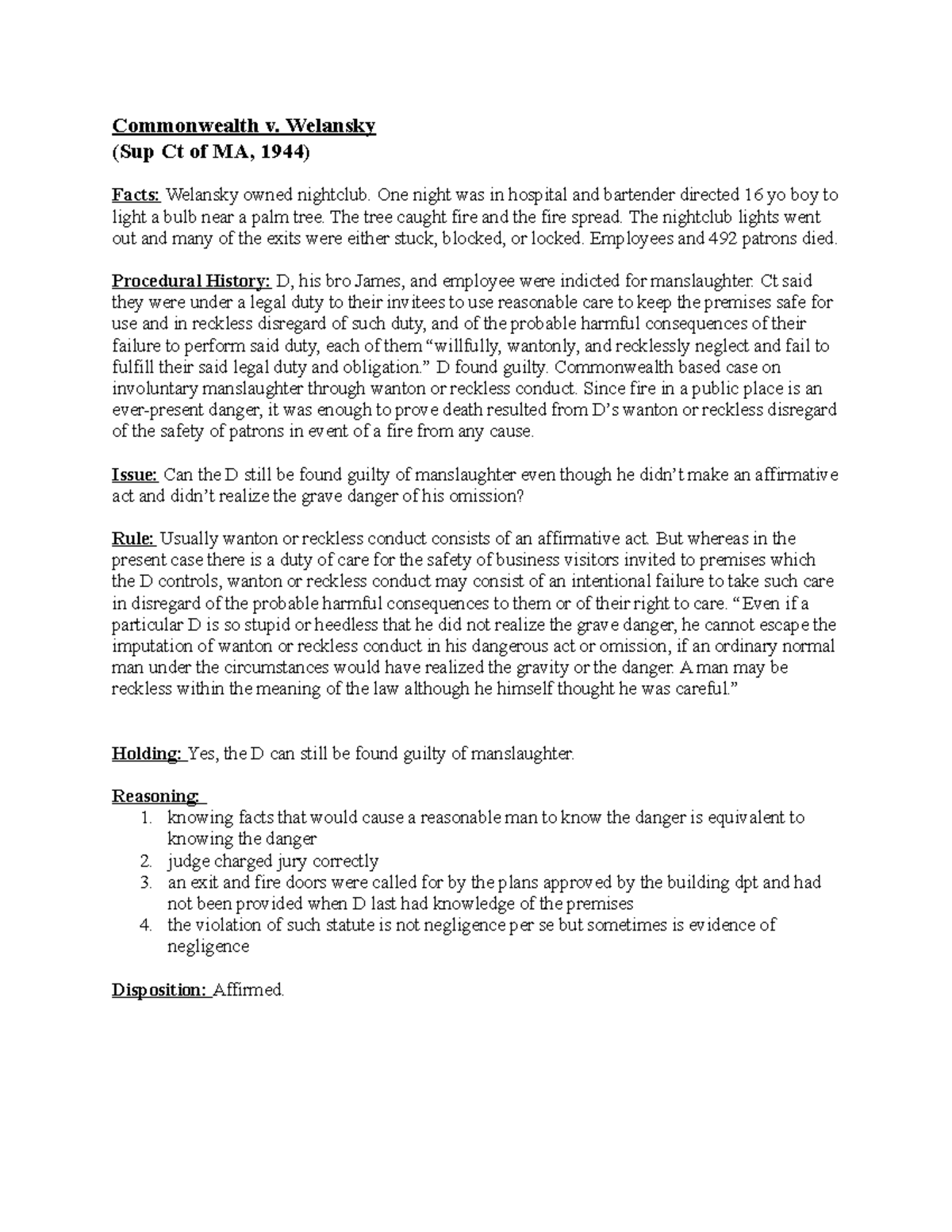 Commonwealth v. Welansky Case Brief Commonwealth v. Welansky (Sup Ct