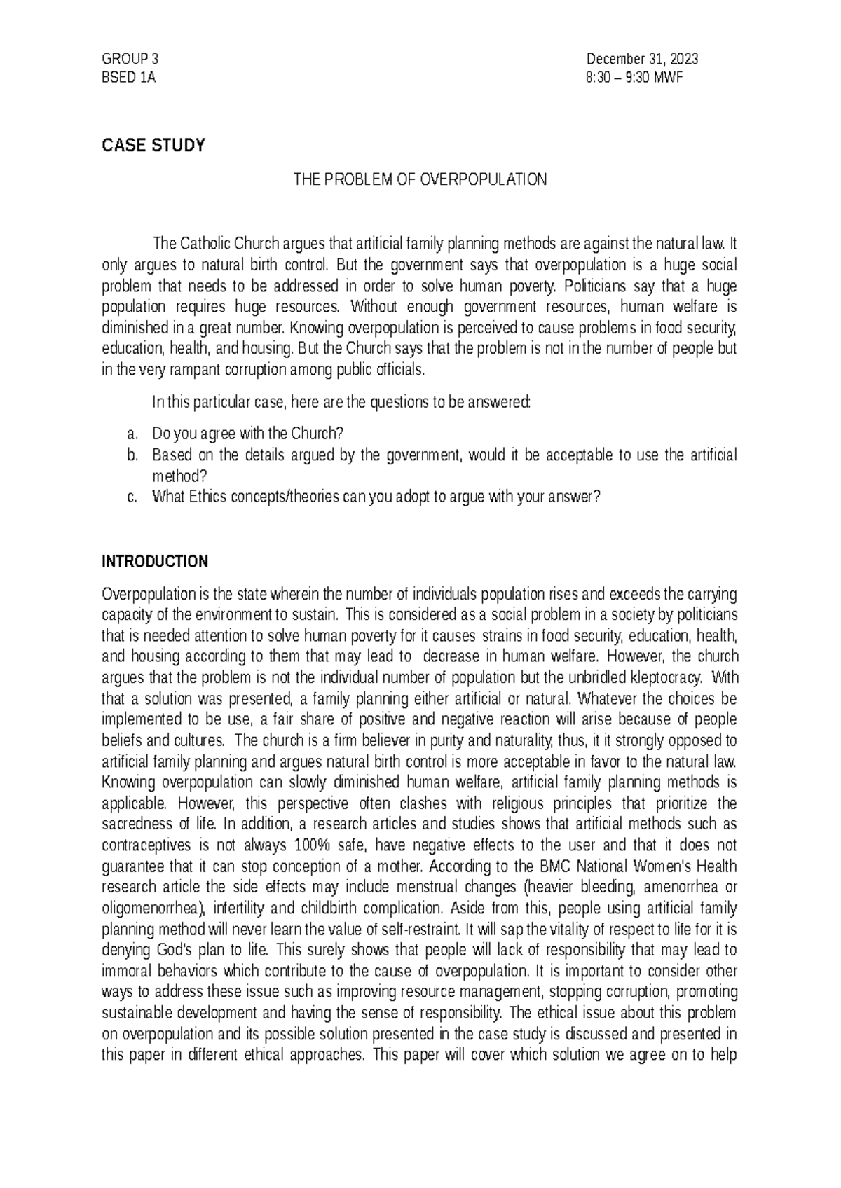 CASE Study Overpopulation G3 - GROUP 3 December 31, 2023 BSED 1A 8:30 ...