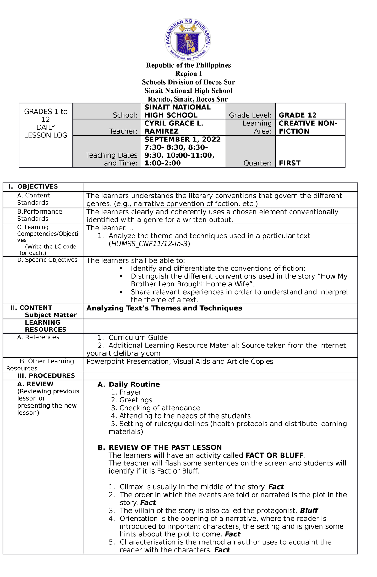 DLP-Module 1- WK1-Day 3 - Republic of the Philippines Region I Schools ...