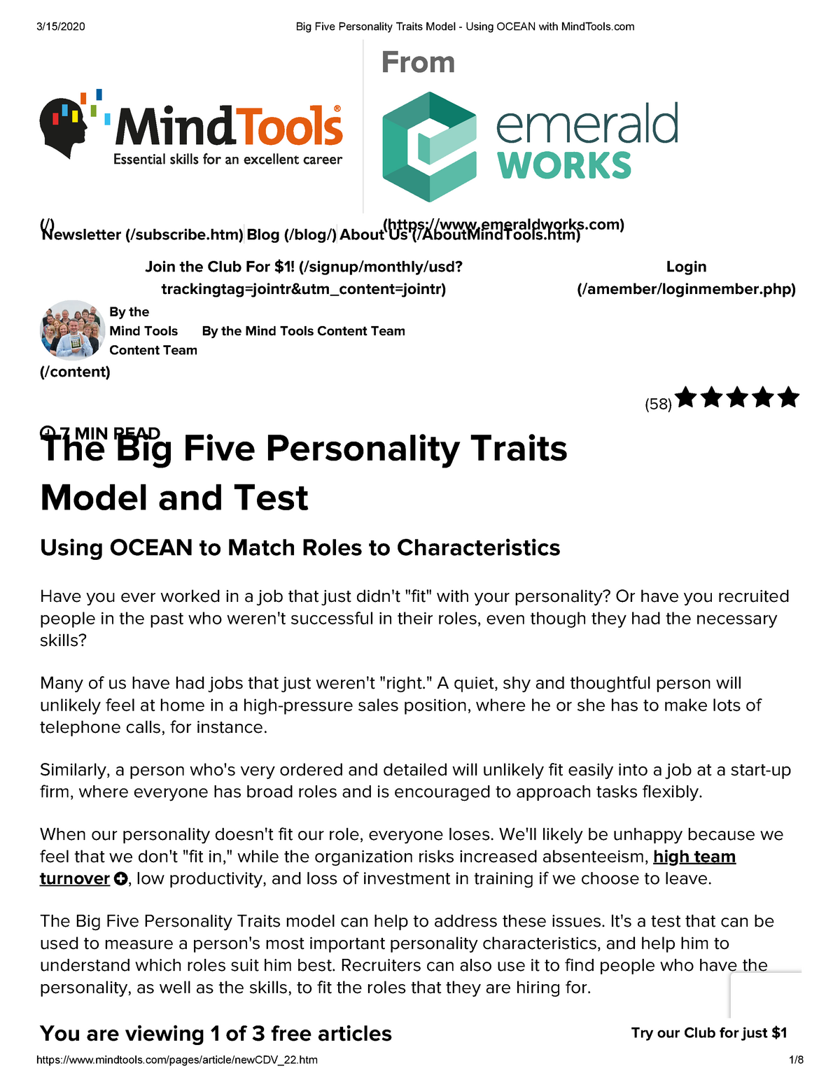 Big Five Personality Traits Model - Using Ocean with Mind Tools - StuDocu