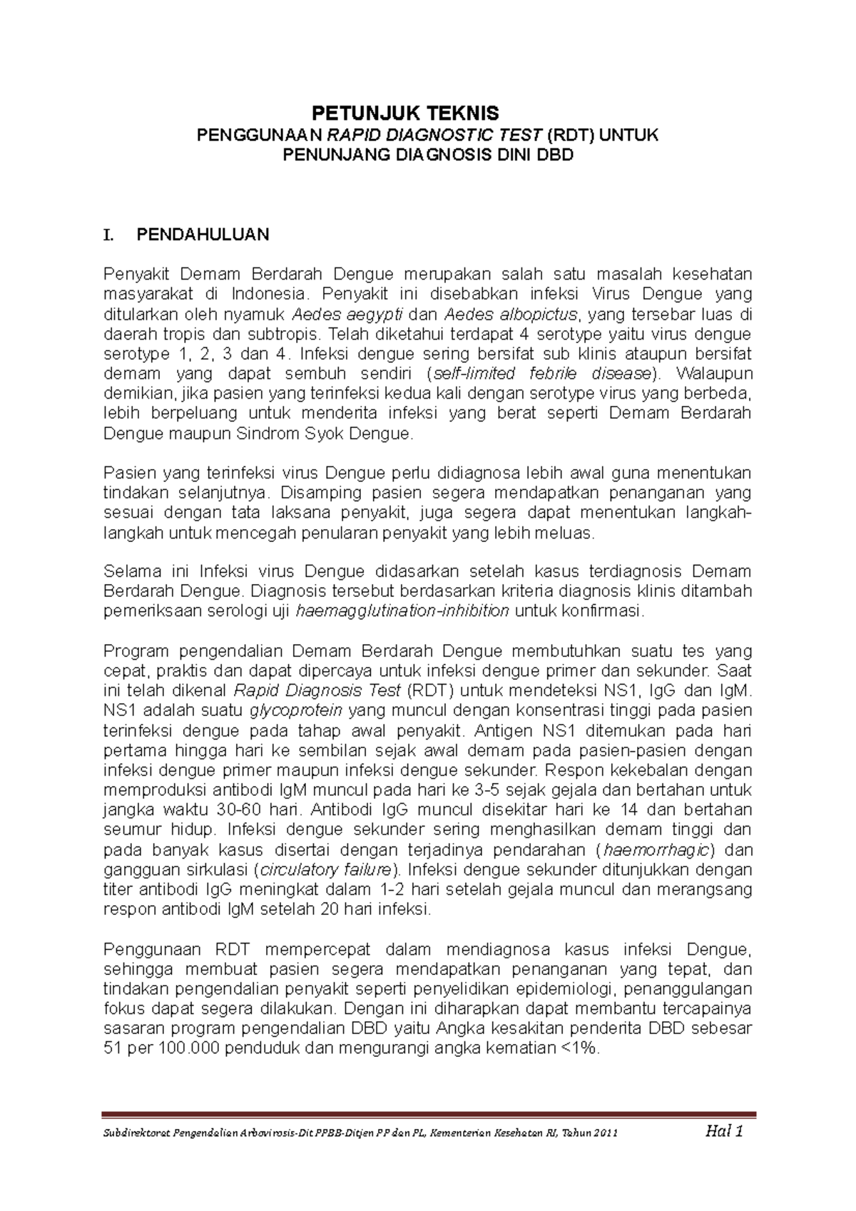 Petunjuk Teknis Rdt Dbdengue Subdirektorat Pengendalian Arbovirosis