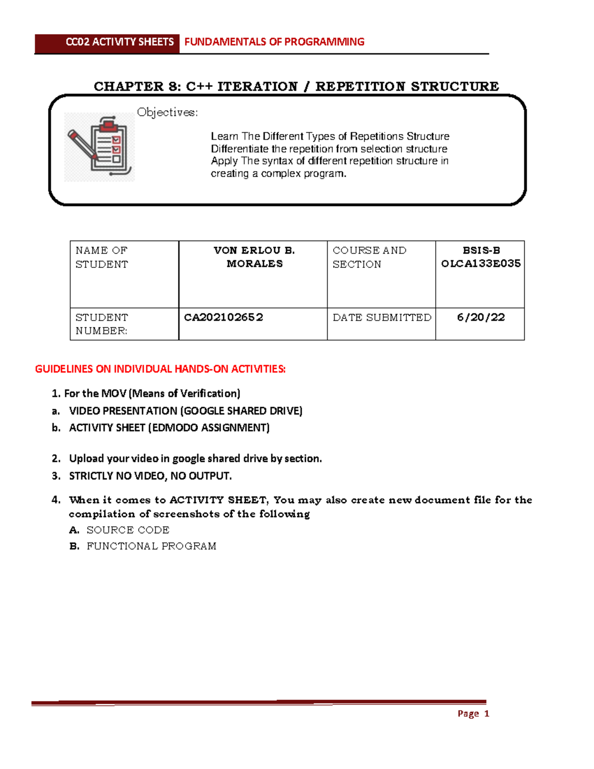 Chapter 8 Activity Sheet - CHAPTER 8: C++ ITERATION / REPETITION ...