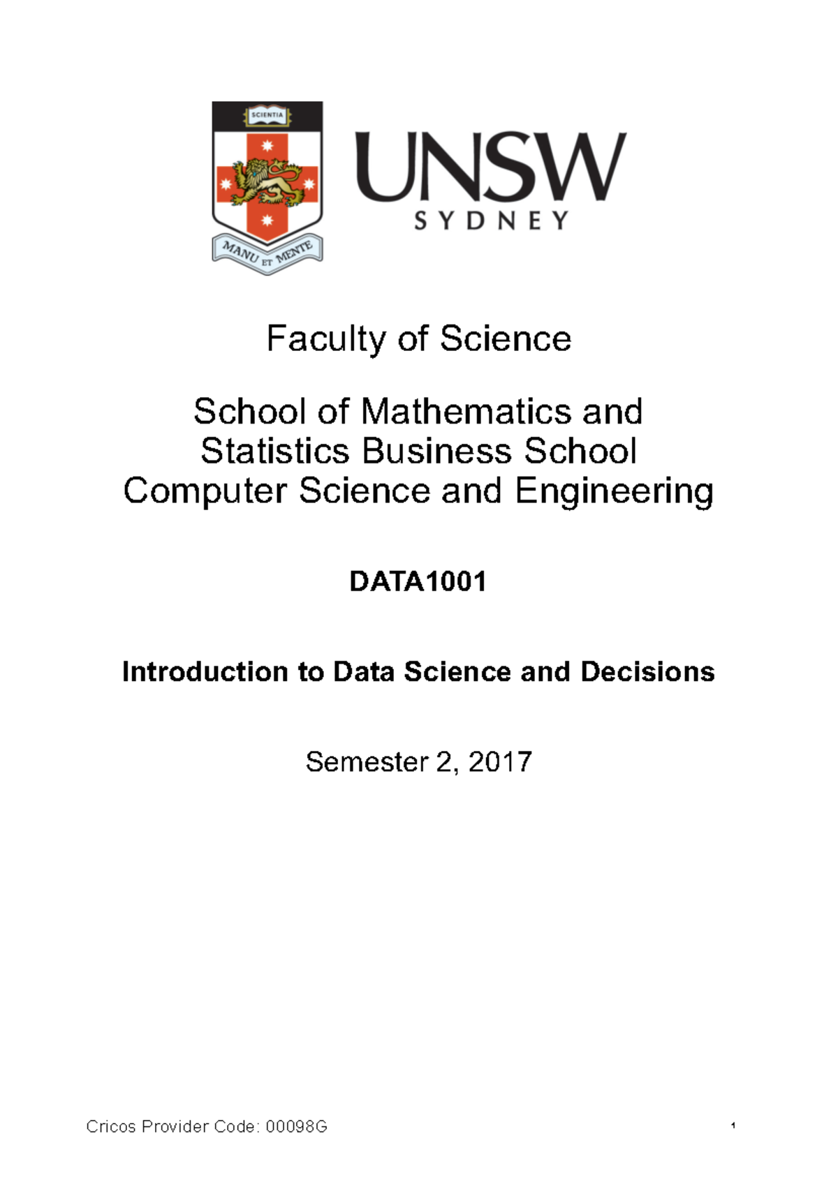 Data1001 - It Is The Unit Description - 1 Faculty Of Science School Of ...