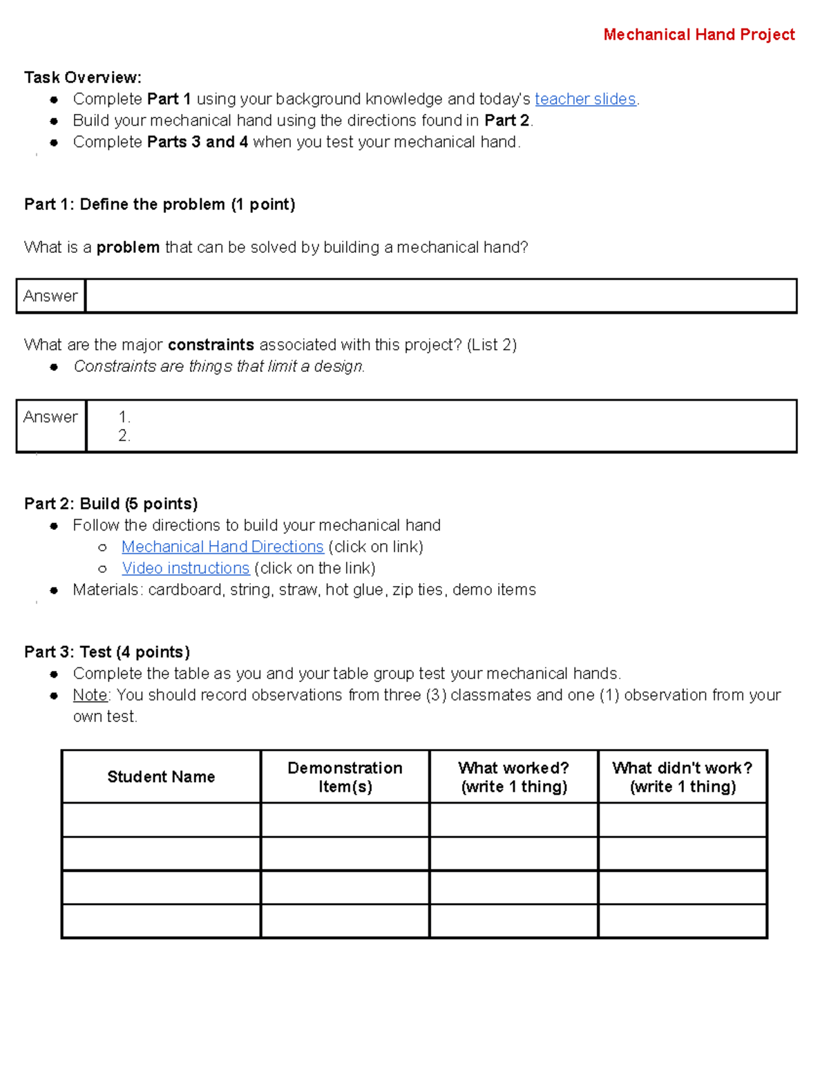 [S3] Mechanical Hand Project - Mechanical Hand Project Task Overview ...