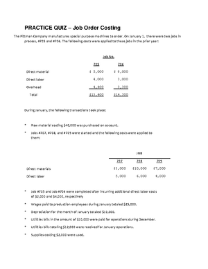 20 Practice QUIZ – Job Order Costing - PRACTICE QUIZ – Job Order ...