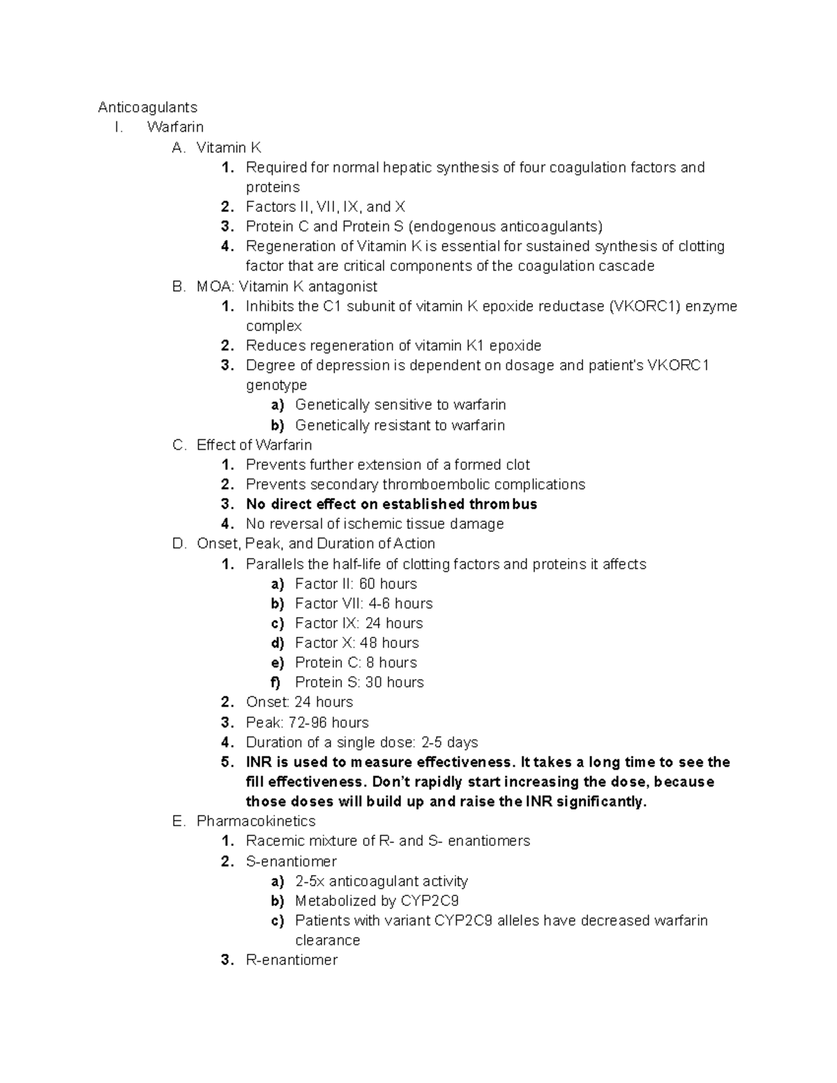 Anticoagulant Notes - Anticoagulants I. Warfarin A. Vitamin K 1 ...