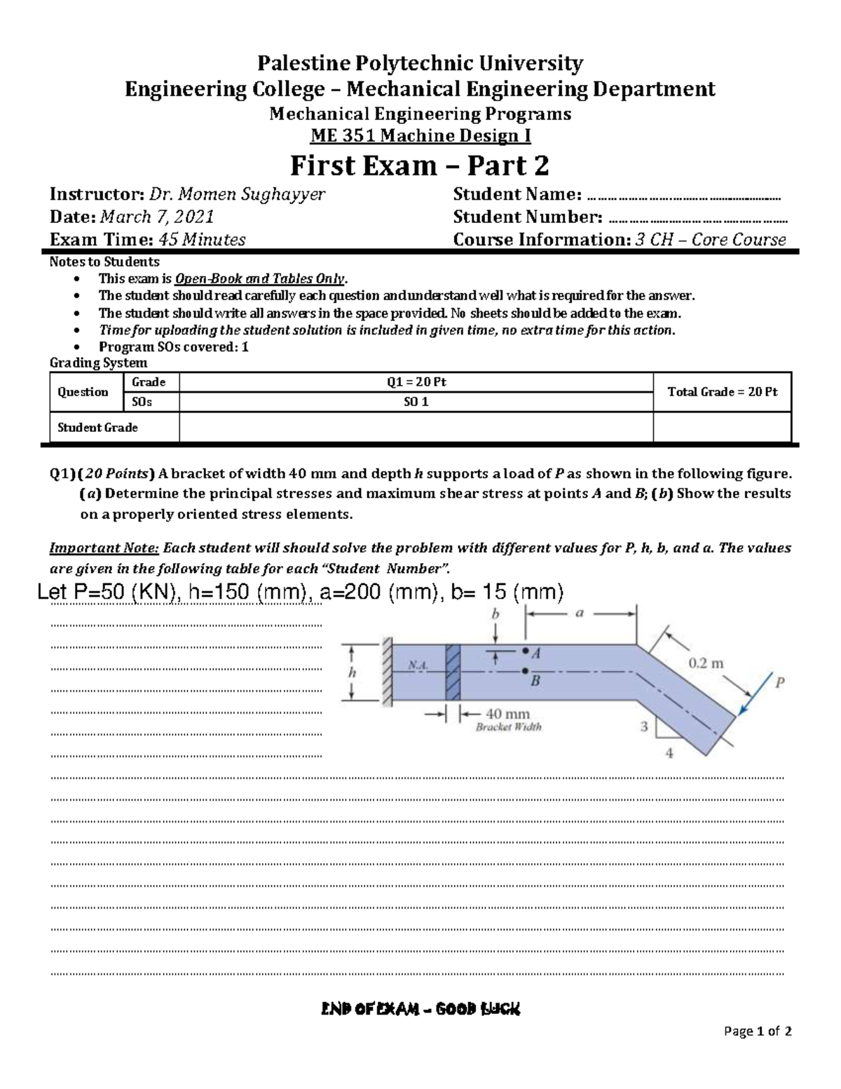 First Exam Of Mechanical Engineering Design - Grade: B - Page 1 Of 2 ...