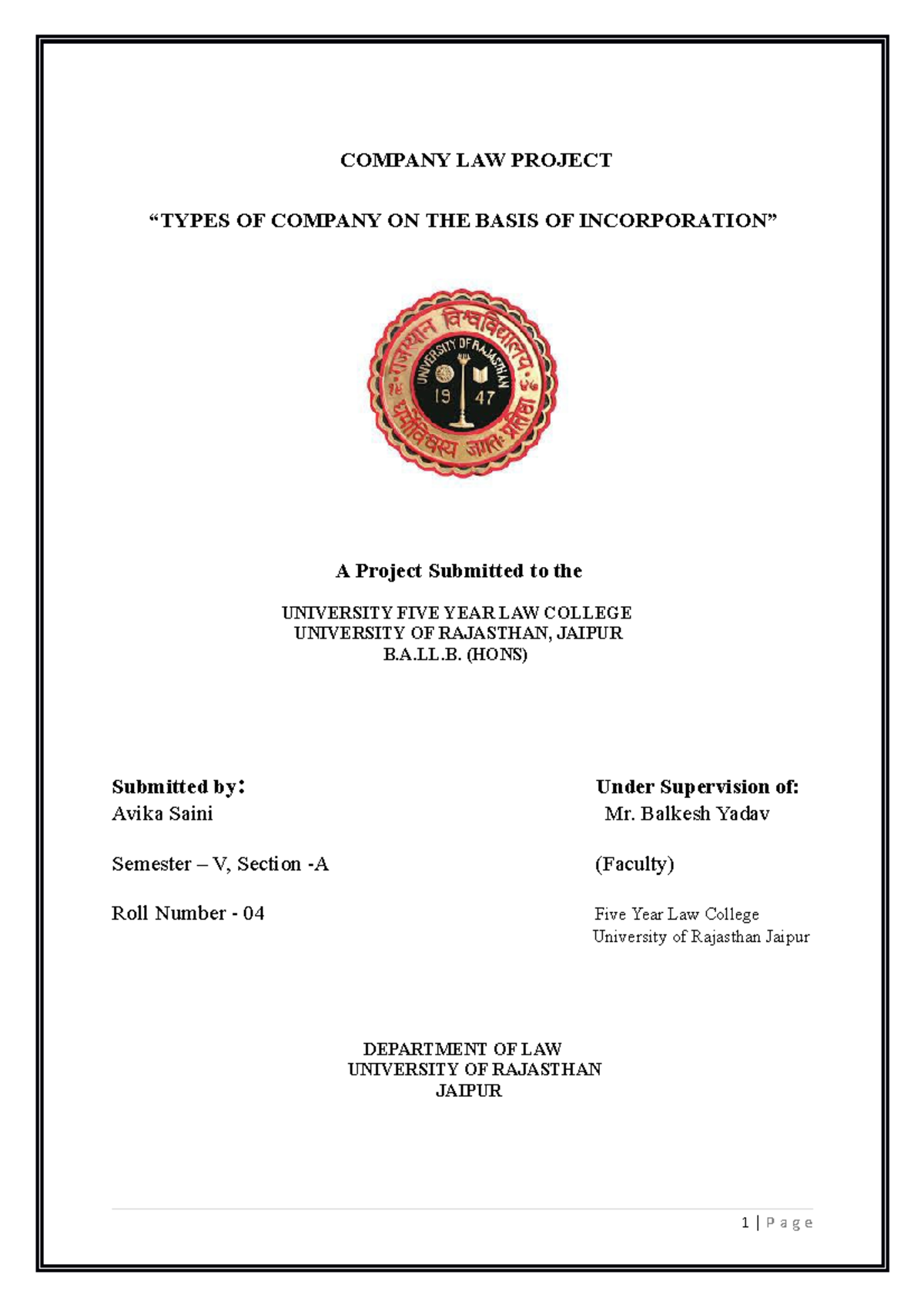 Company LAW Project - nil - COMPANY LAW PROJECT “TYPES OF COMPANY ON ...
