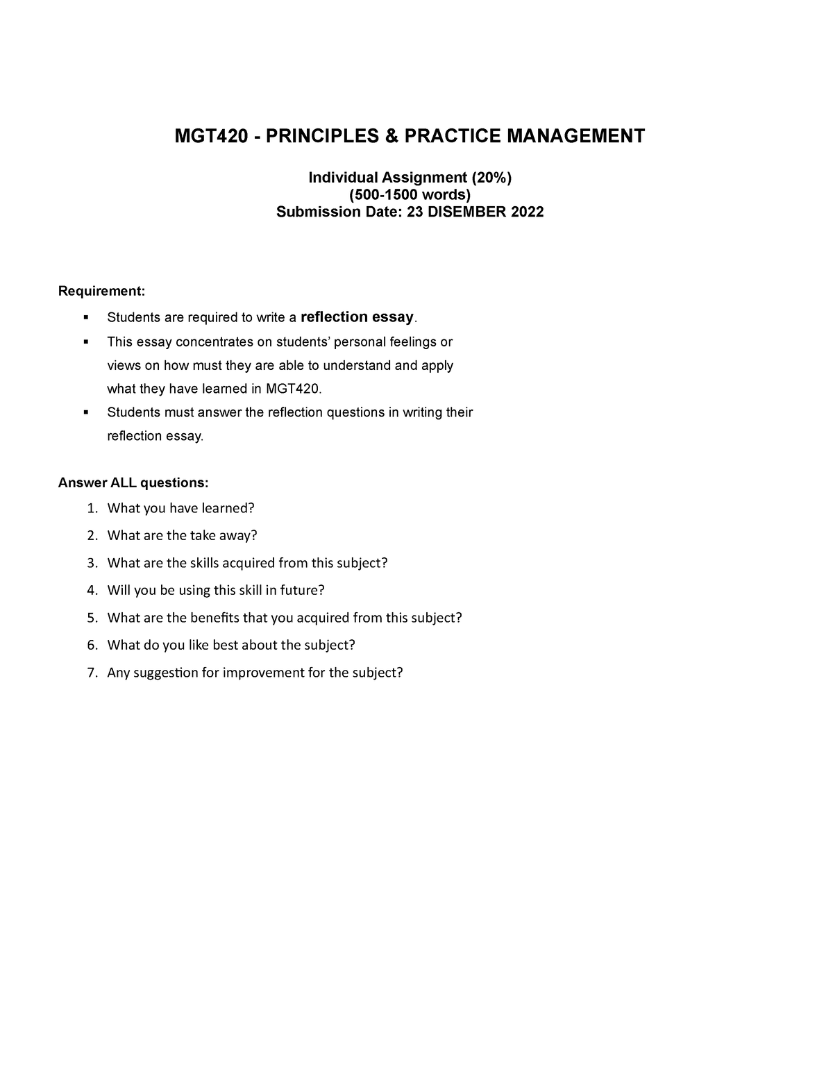 (2022 OCT-FEB) MGT420- Individual Assignment 2 - MGT420 - PRINCIPLES ...