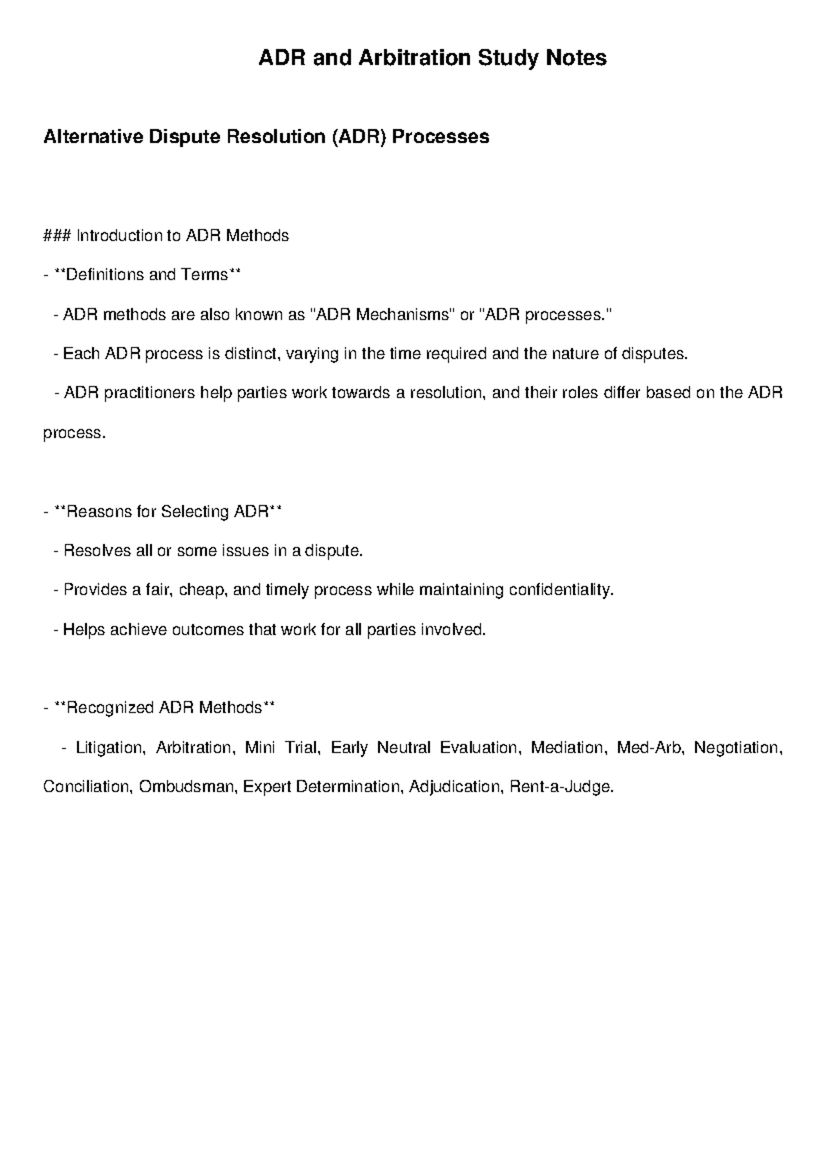 ADR and Arbitration Study Notes - ADR and Arbitration Study Notes ...