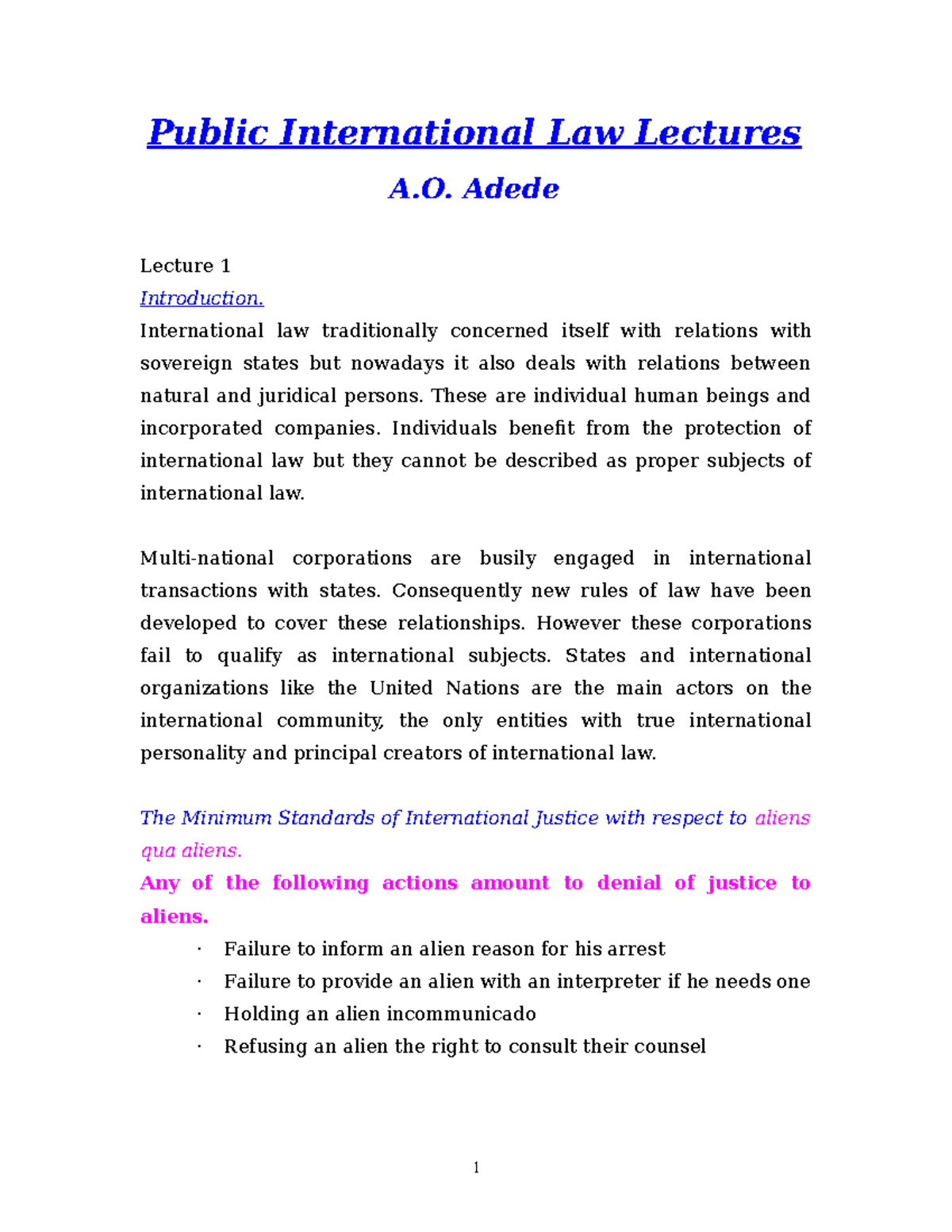 Public International Law Lectures - Adede Lecture 1 Introduction ...