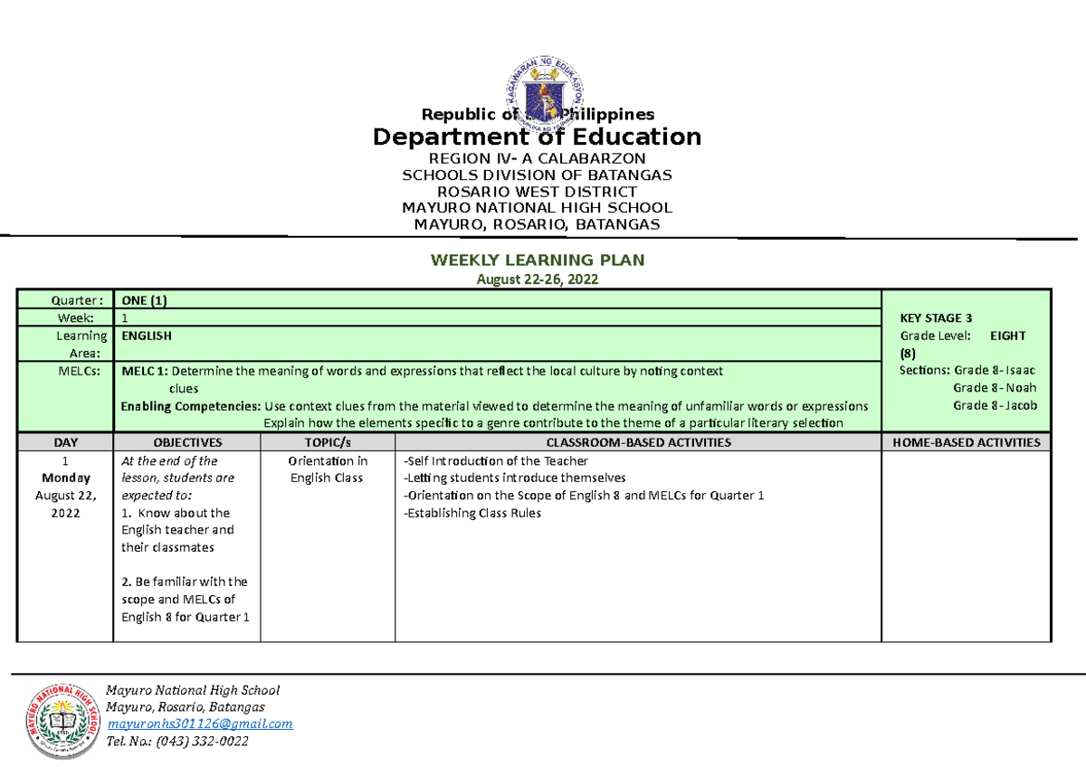 English WLP WEEK 1 - Guide for Teachers - Republic of the Philippines ...