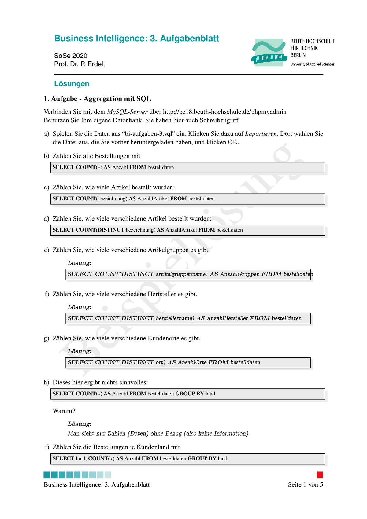 Business Intelligence: 3. Aufgabenblatt Aggregation Mit SQL - Studocu