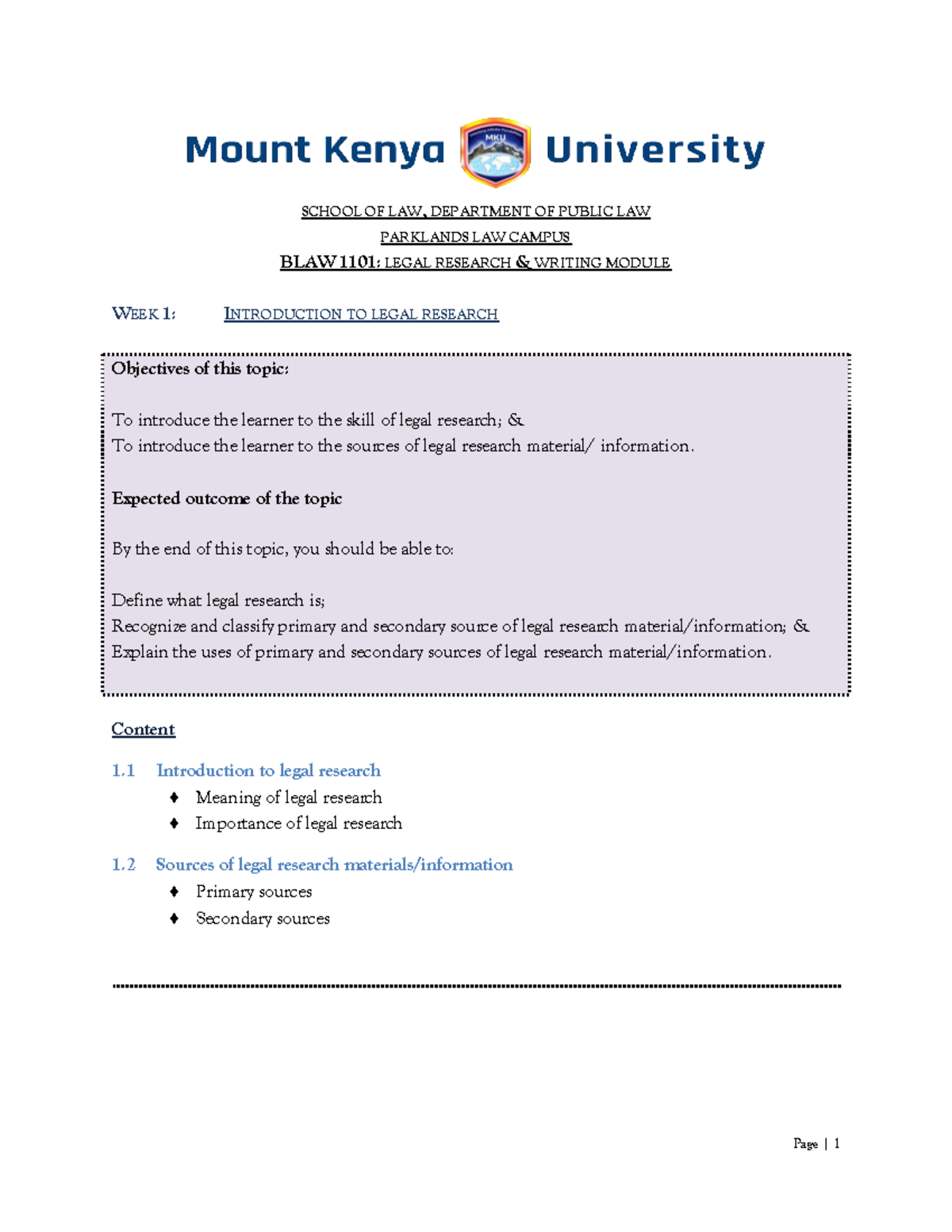 MKU Legal Research Writing Introduction to Legal Research SCHOOL OF