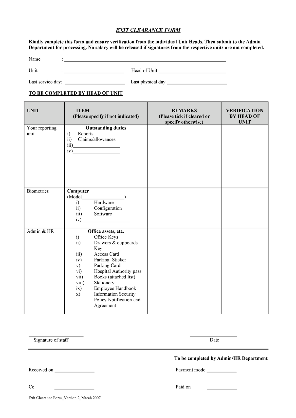 Exit Clearance Form V2 Best Version Exit Clearance Formversion 2march 2007 Exit Clearance 3866