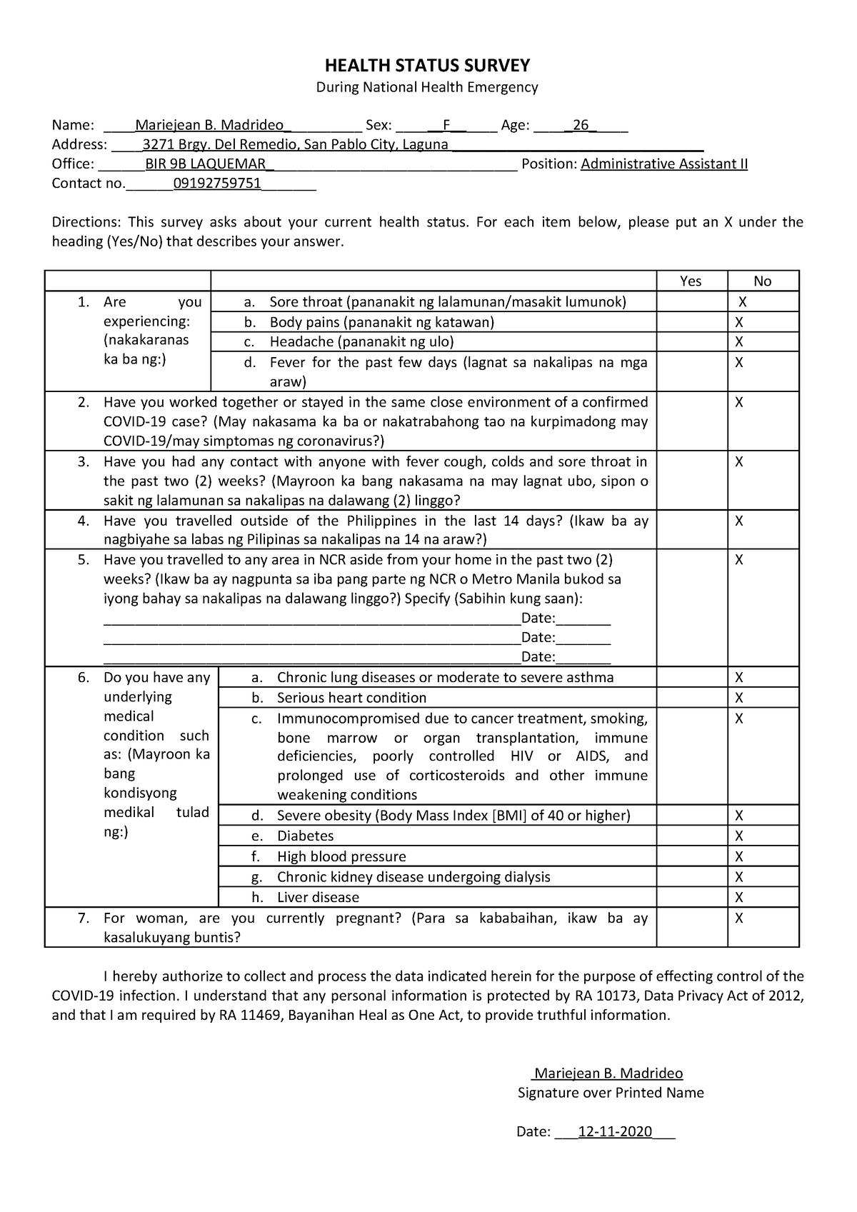 Survey on Personal Health Format - HEALTH STATUS SURVEY During National ...