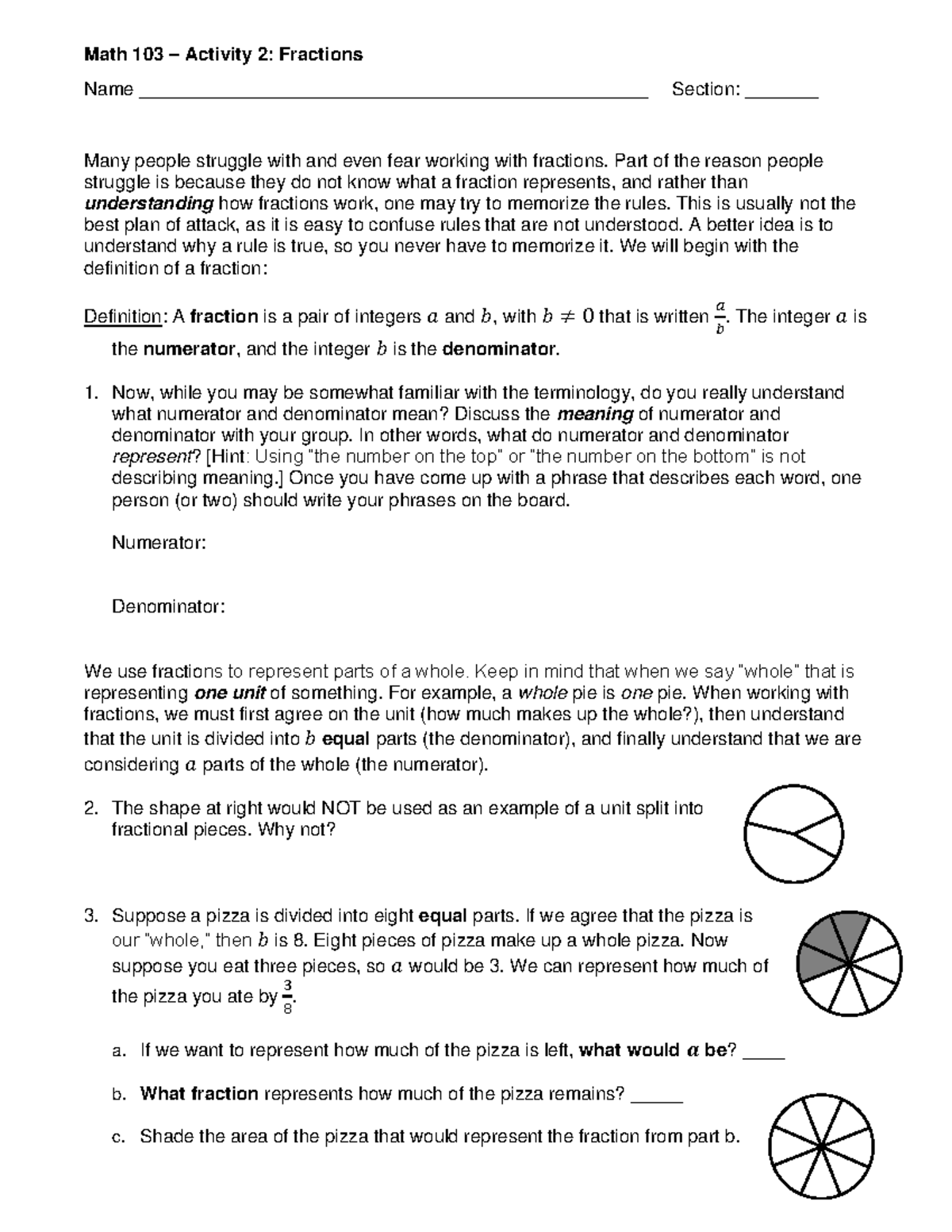 Activity 2 - Fractions - math - Math 103 – Activity 2: Fractions Name ...