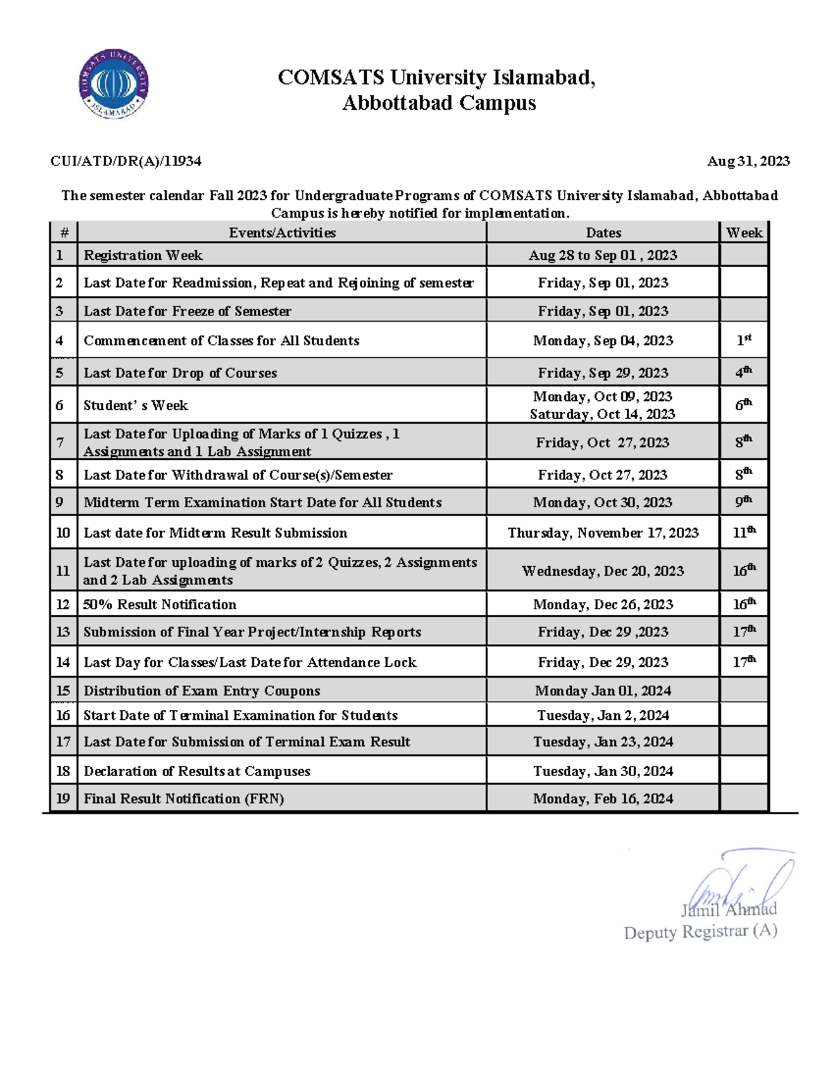 SemesterscheduleFA23 COMSATS University Islamabad, Abbottabad