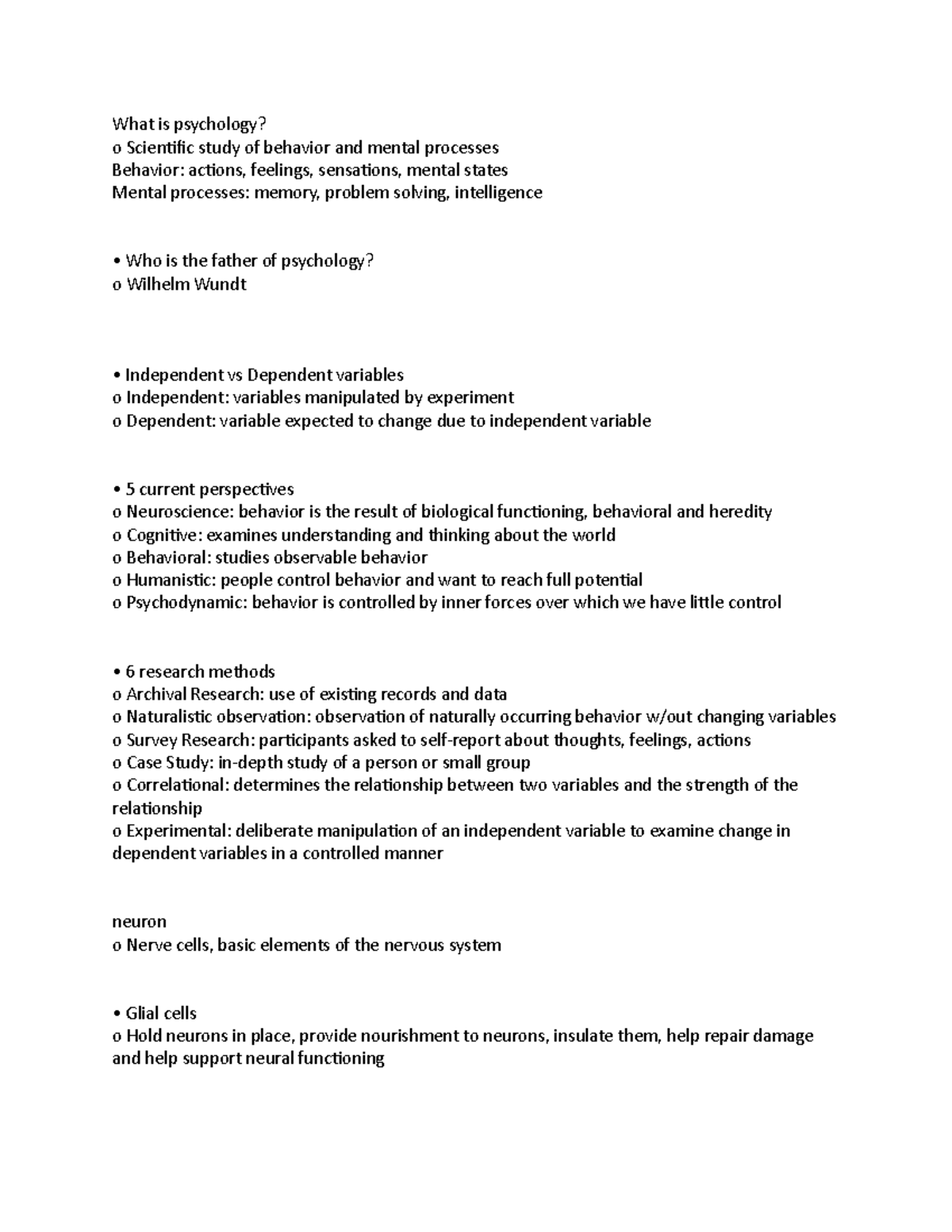 Psy 1010 Midterm - Important ideas and terms - What is psychology? o ...