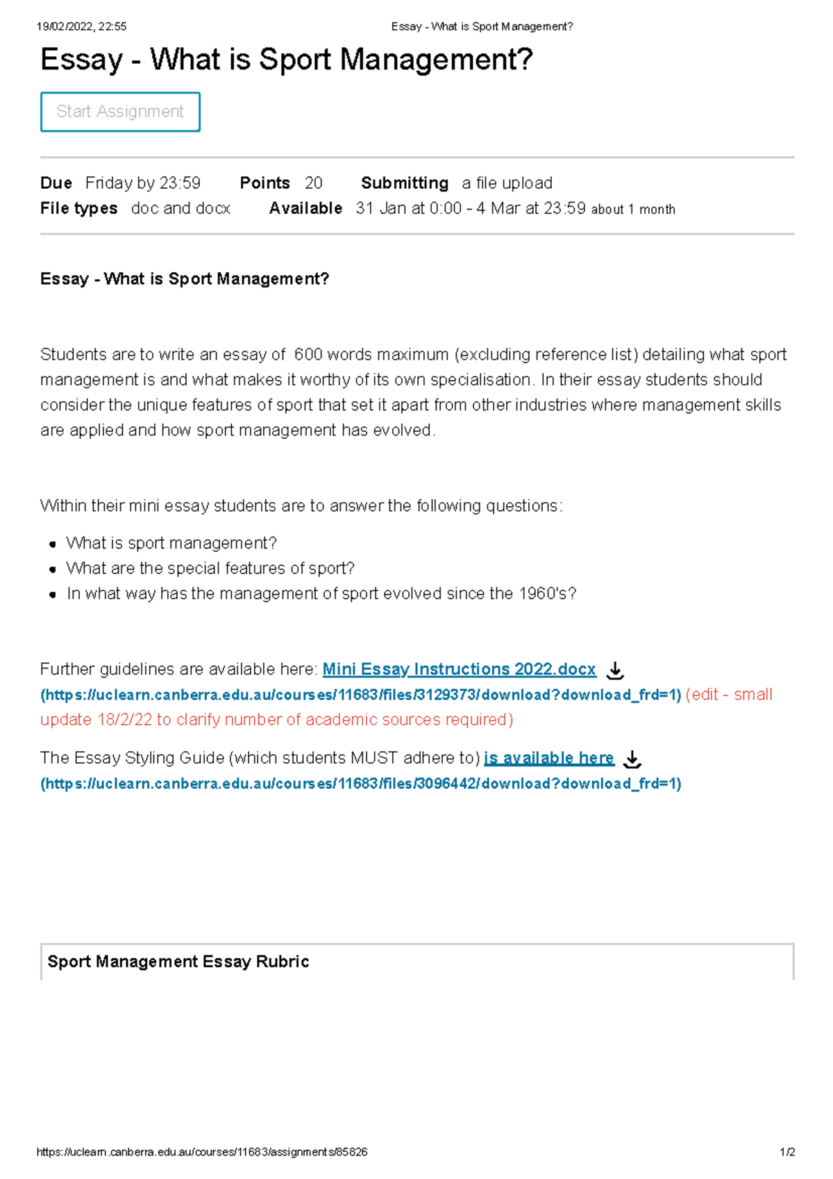 essay questions about sports management