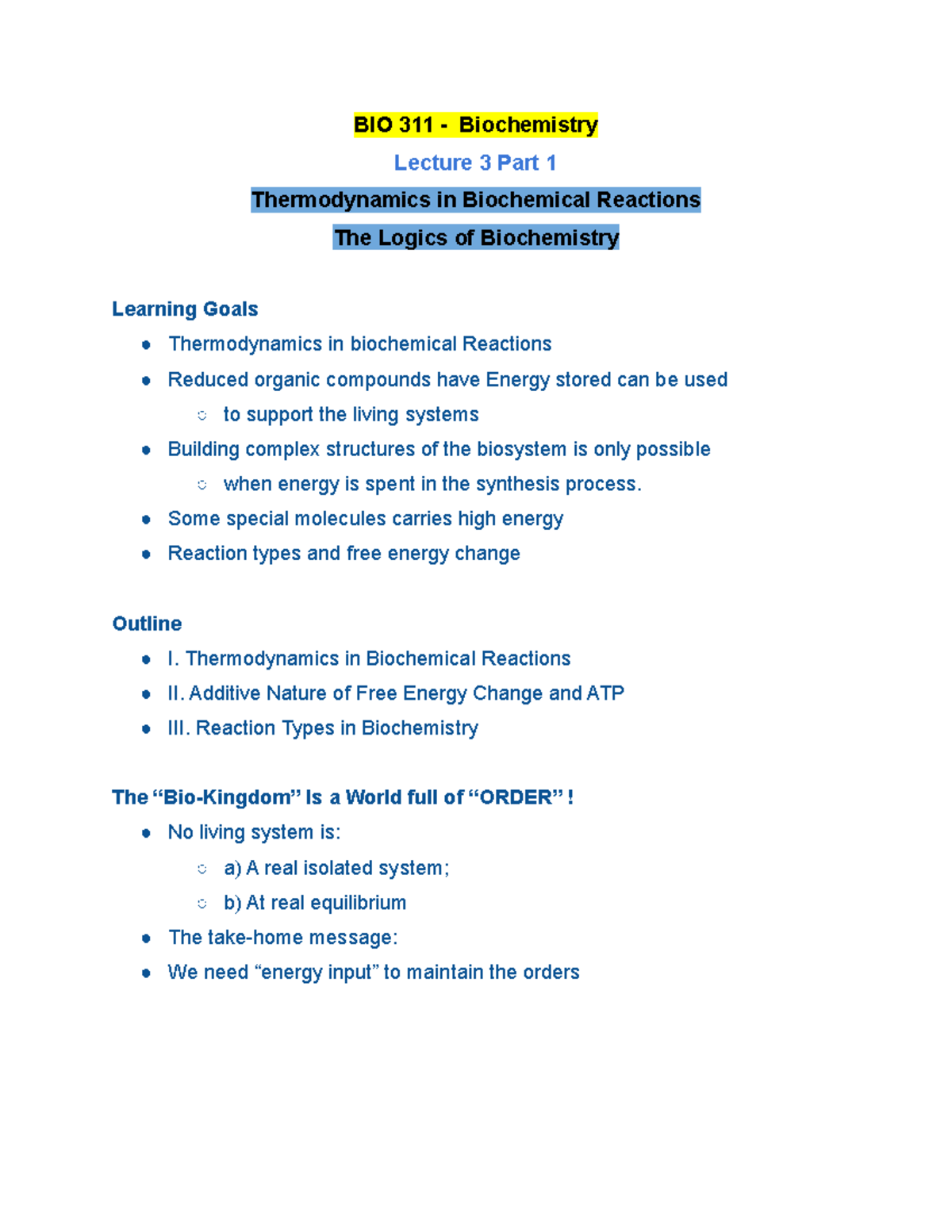 BIO 311 Lecture 3 Part 1 Fall 2020 - BIO 311 - Biochemistry Lecture 3 ...