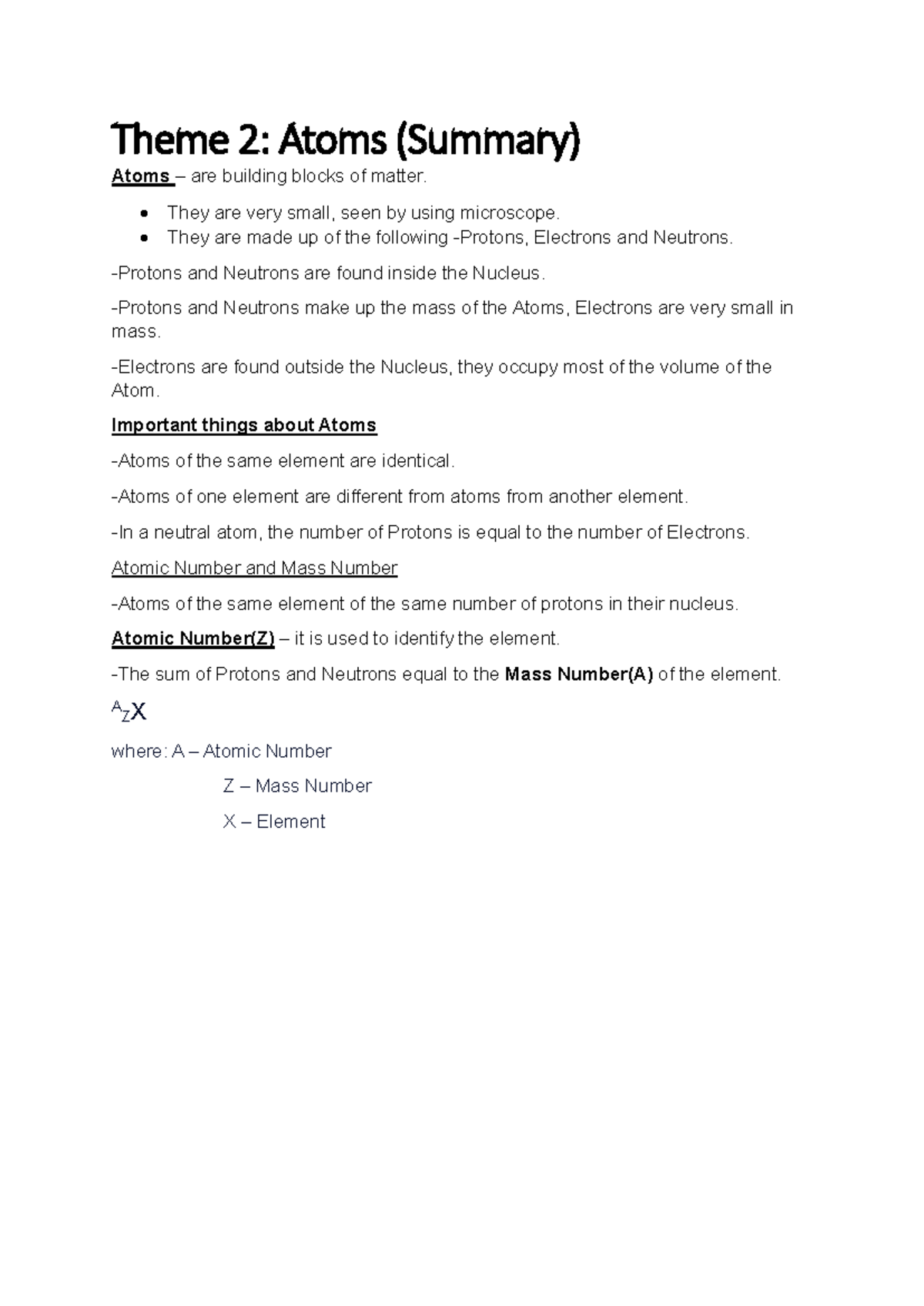 Theme 2 Atoms - Theme 2: Atoms (Summary) Atoms – are building blocks of ...