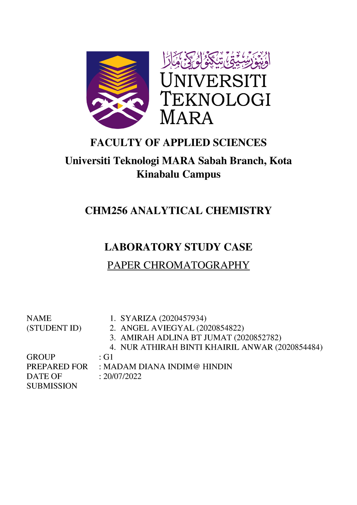 CHM256 LAB CASE Study - FACULTY OF APPLIED SCIENCES Universiti ...